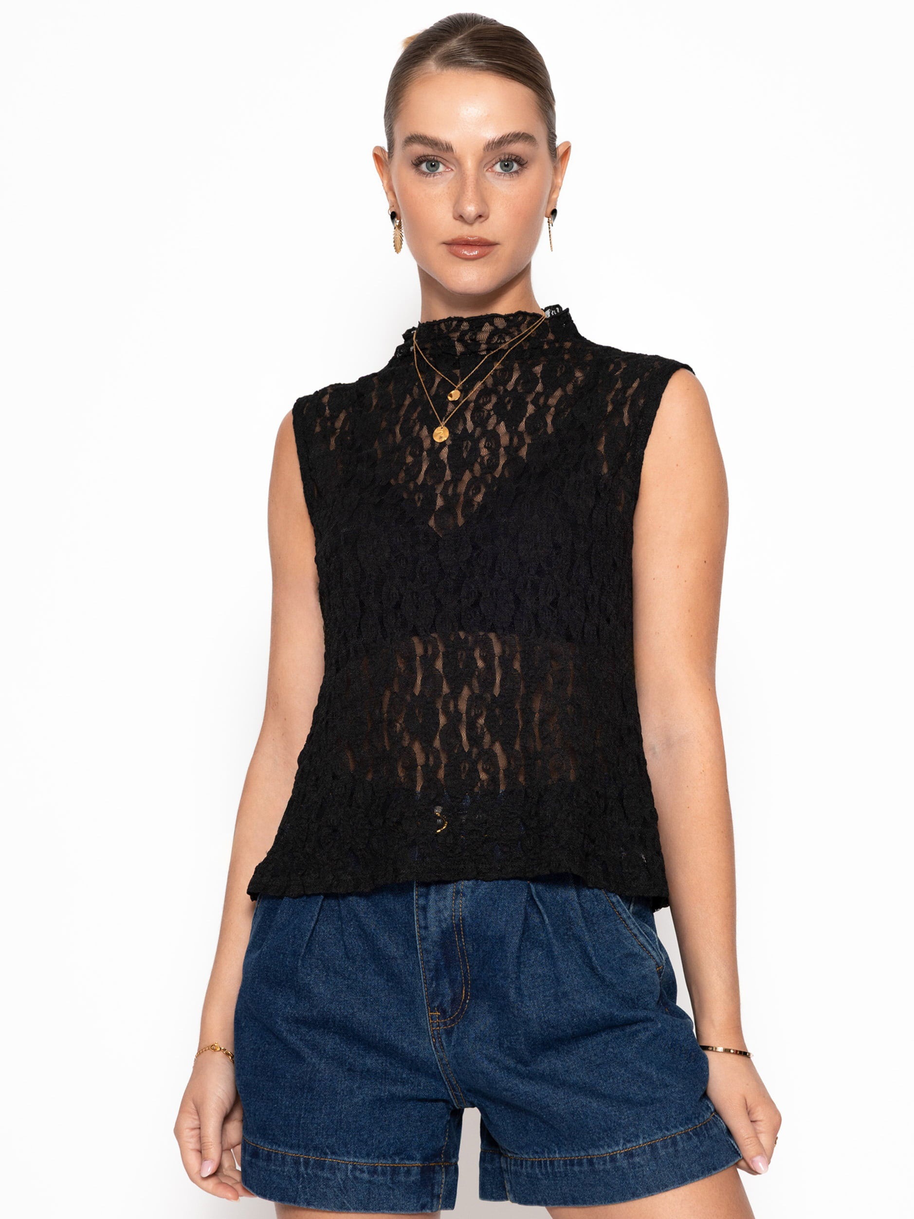 SASSYCLASSY T-Shirt »Spitzen-Top mit Stehkragen« Leicht transparentes Top mit floralem Muster Schwarz Offwhite