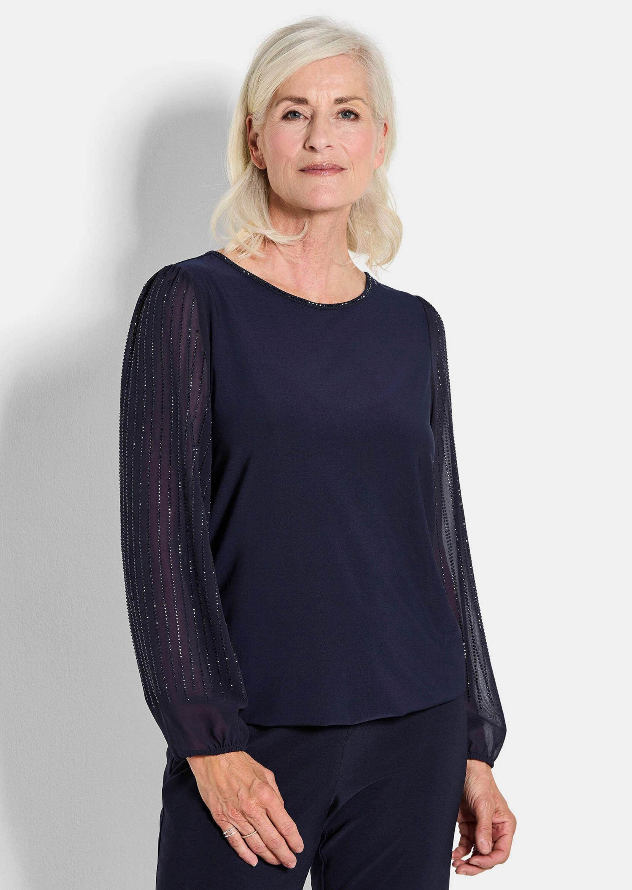 GOLDNER Langarmshirt »Kurzgröße Shirt mit glitzernden Chiffon-Ärmeln«