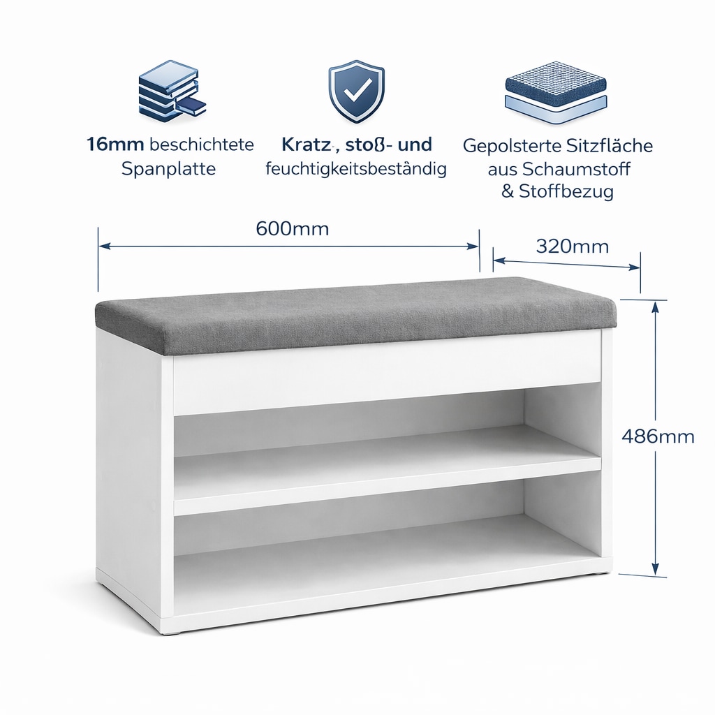 OTTO home Schuhbank »Schuchschrank 60,  Schuhregal, Schuhtruhe, Schuhkommode, Sitzbank« Inkl. bequemem Sitzkissen mit Stauraum darunter