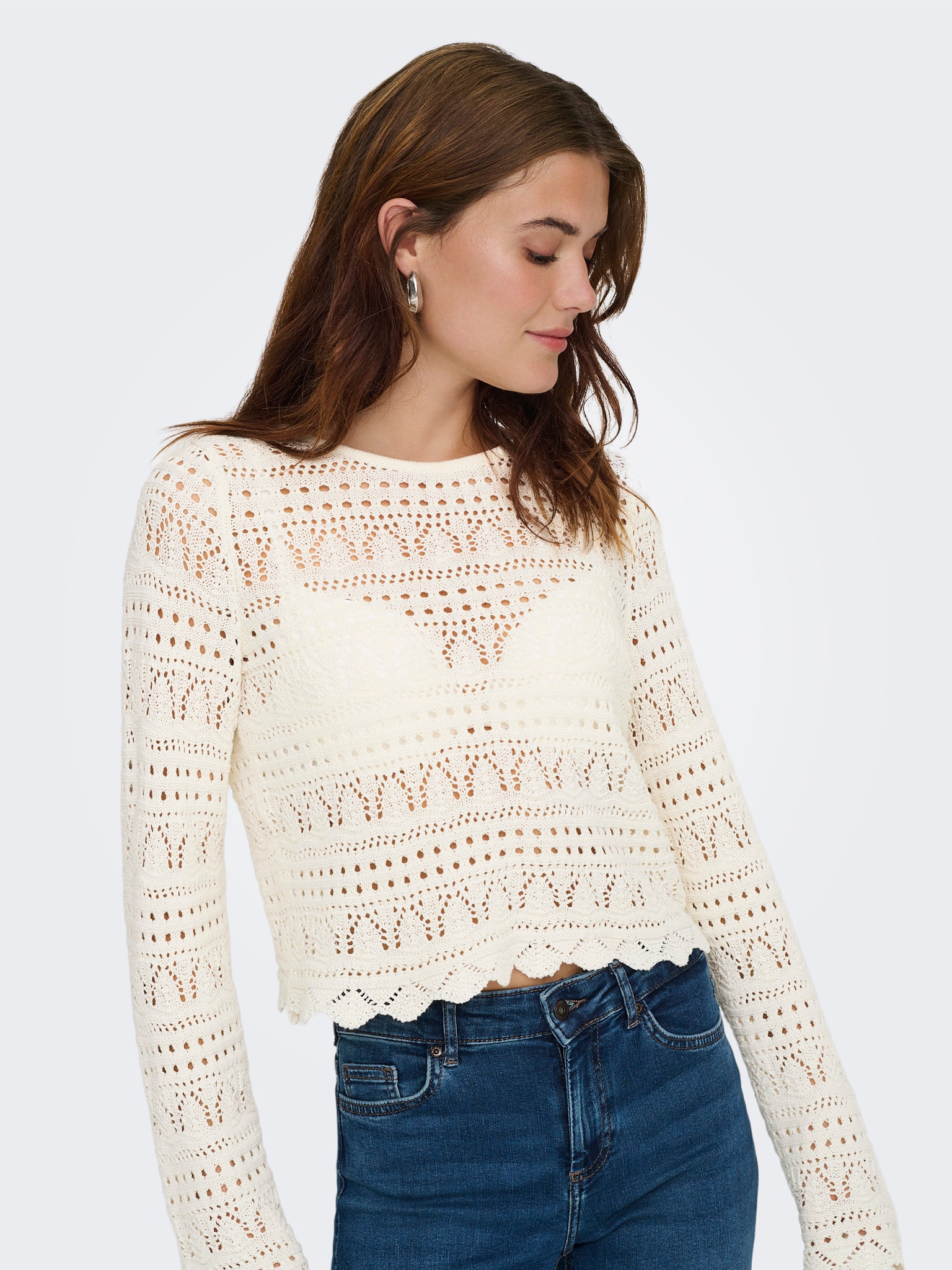 ONLY Strickpullover »ONLELKE LIFE LS PULLOVER KNT NOOS« Lochstickerei, verkürzte Form