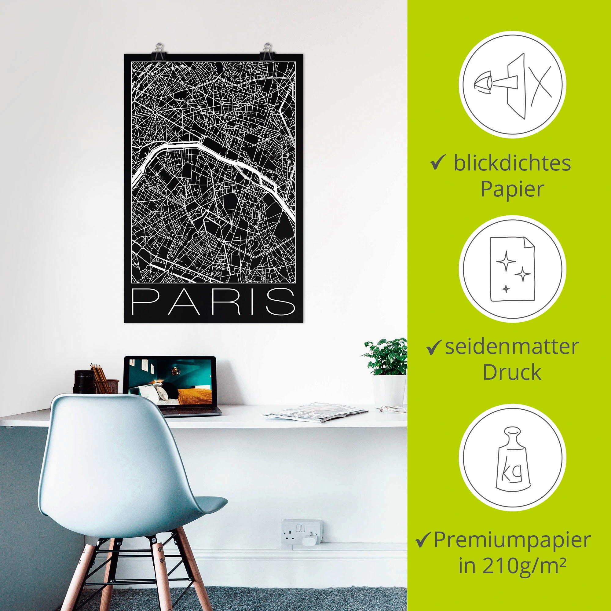 Artland Poster »Retro Karte Paris Frankreich Schwarz«, Frankreich, (1 St.), als Alubild, Leinwandbild, Wandaufkleber oder Poster in versch. Größen