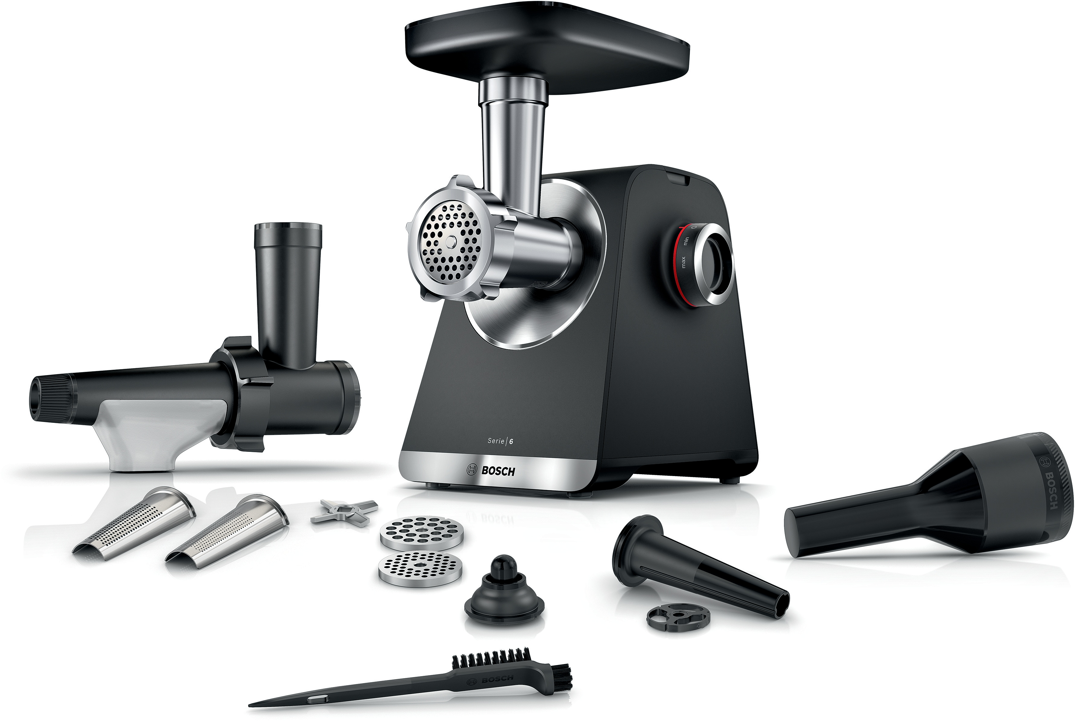 BOSCH Fleischwolf "Serie 6 MFWS650B, 3,5kg/Min., 2 Lochscheiben (3 & 8mm), schwarz" 500 W 2 Stufen, Rücklauf, Wurststopfer, 10 J Motorgarantie,