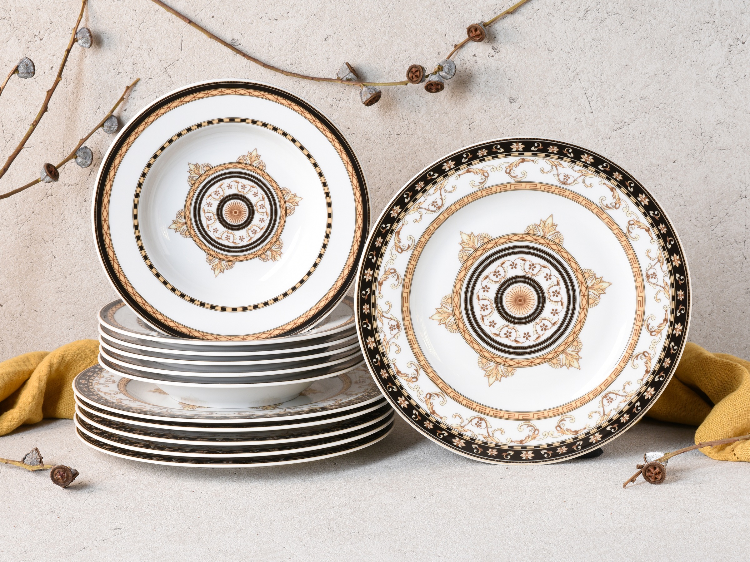 CreaTable Tafelservice »Teller Set, Geschirr-Set Majestosa«, (Set, 12 tlg., Teller Set für 6 Personen), Service, Dekor schwarz abgesetzt, 12 Teile, für 6 Personen