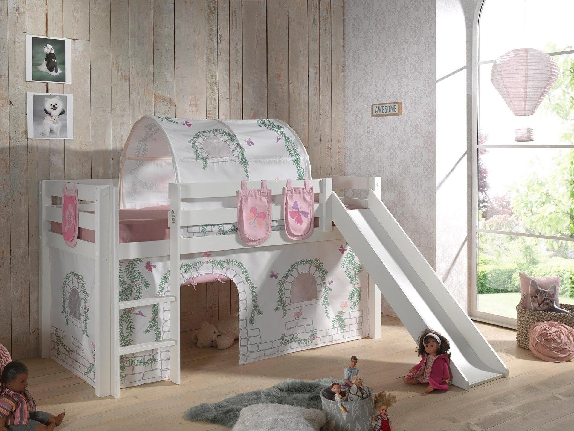 Vipack Hochbett »Pino«, (Made in Europe), Massivholz, Textil-Set "Birdy", wahlweise mit Rutsche und Bett-Tunnel