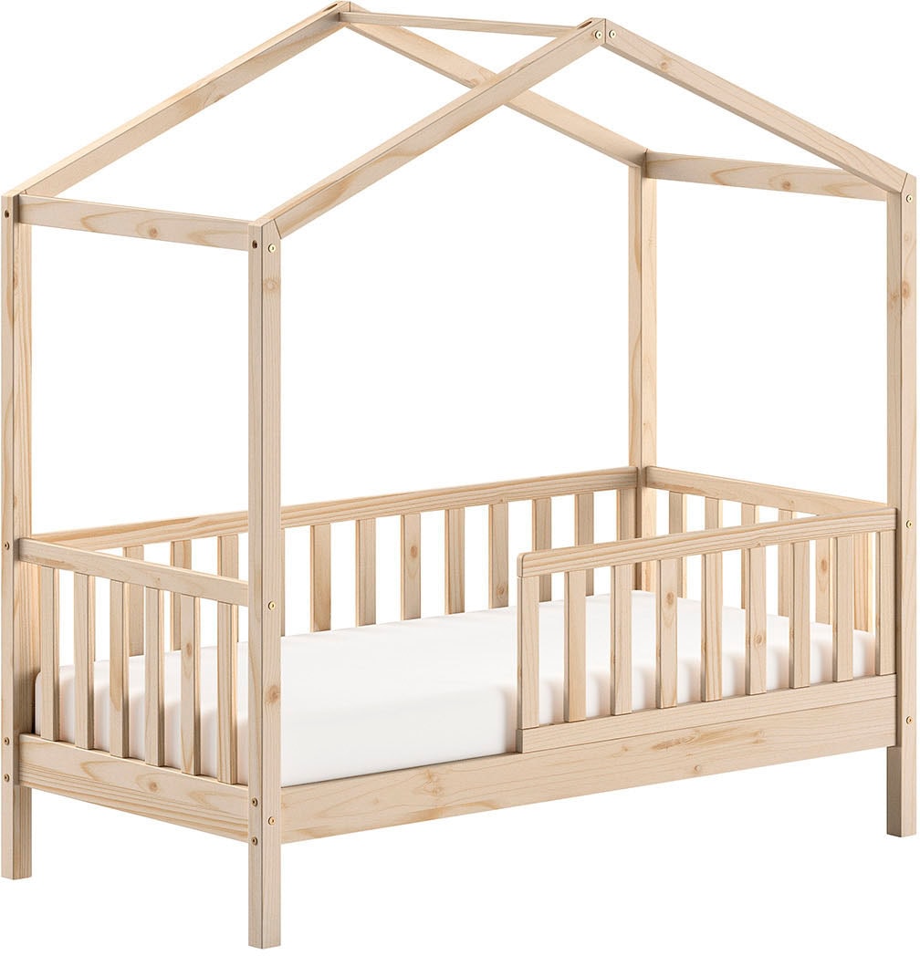 Home affaire Hausbett »Junior Hausbett 70/140, umlaufender Rausfallschutz, stabil gebaut«, (B/H/T ca. 148x150,6x75,8cm, in verschiedenen Farben erhältlich), inkl. Rolllattenrost und Dachaufbau