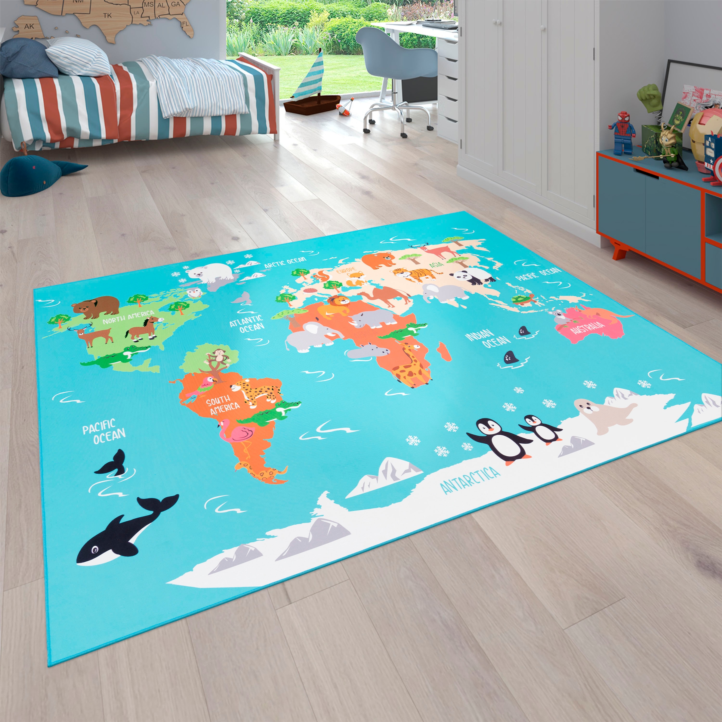 Paco Home Kinderteppich »Bino 564«, rechteckig, 4 mm Höhe, Kurzflor, Motiv Weltkarte, Kinderzimmer