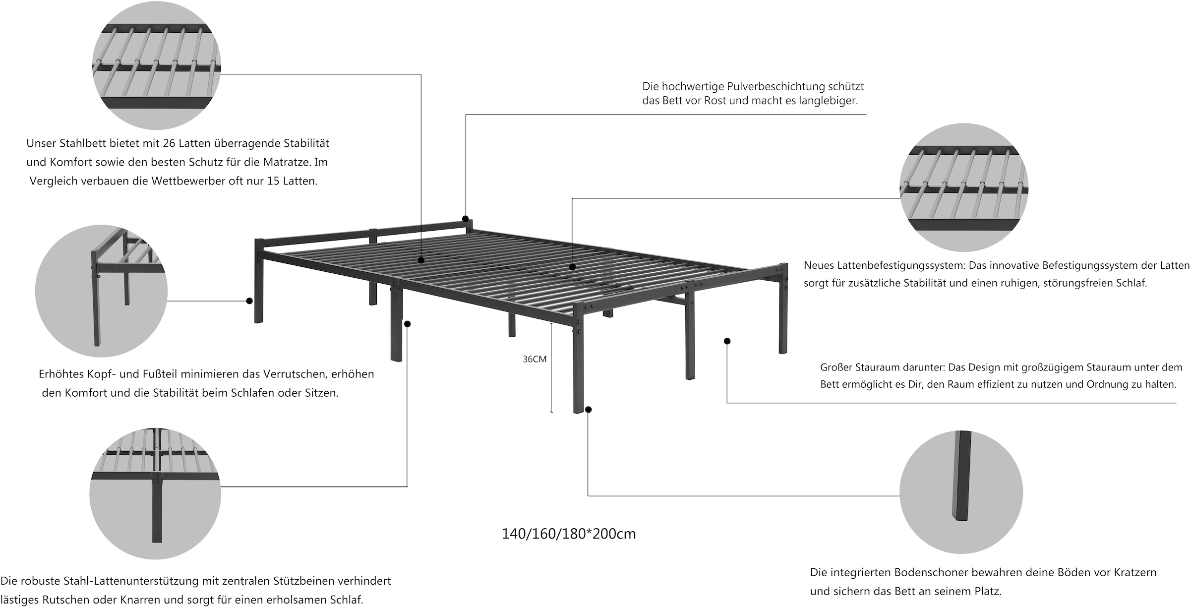 OTTO home Metallbett »LIST Bett Bettgestell Bettrahmen Einzelbett Doppelbett« Stahlbett schwarz in TOP Qualität und 4 Breiten,  Bett mit 26 Lattenroste zum Schutz der Matratze Bestseller