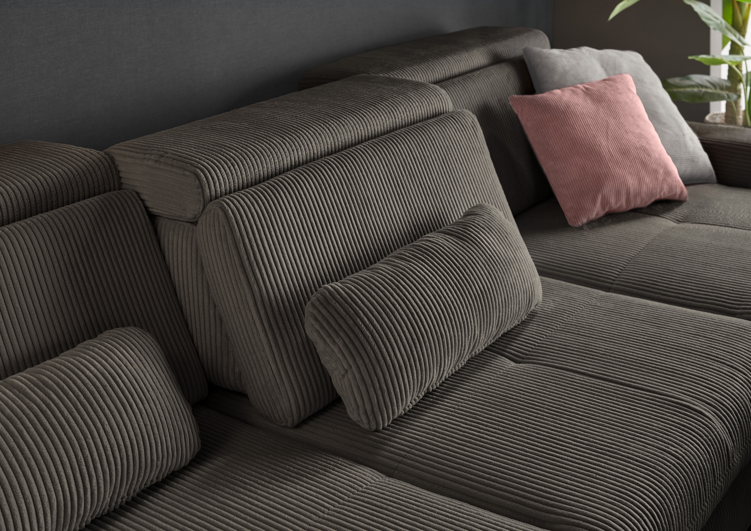 set one by Musterring Ecksofa »SO 3400 Sitzhöhe 47cm oder 49cm, Sitztiefe verstellbar, B/T: 307/195cm« whlw. mit Funktion, Kaltschaum, in Cord, anthrazit, Sitzhöhe 47