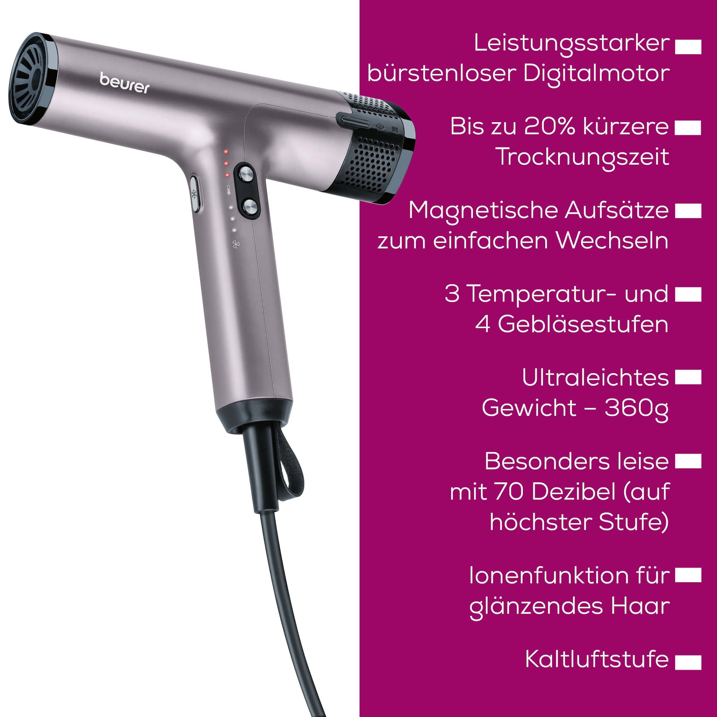 BEURER Haartrockner »HC 100 Premium mit leistungsstarkem Motor und 1700 Watt«, 1700 W, 2 Aufsätze, Schnelles Trocknen der Haare, leichtes Gewicht (nur 360 g ohne Kabel)