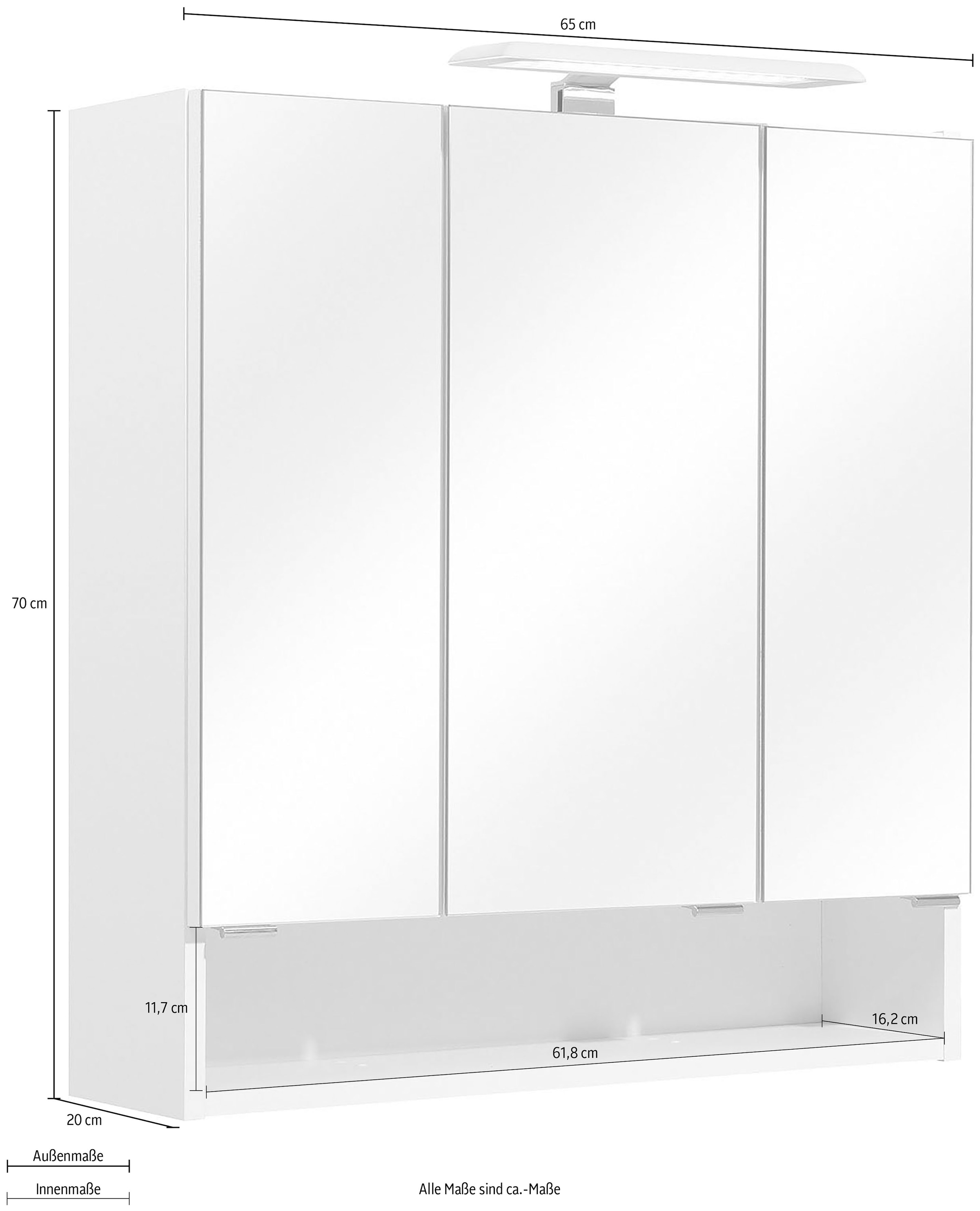 PELIPAL Spiegelschrank 65 Beleuchtung, Schalter-/Steckdosenbox »Quickset Breite OTTO 3-türig, bei LED- 953«, cm