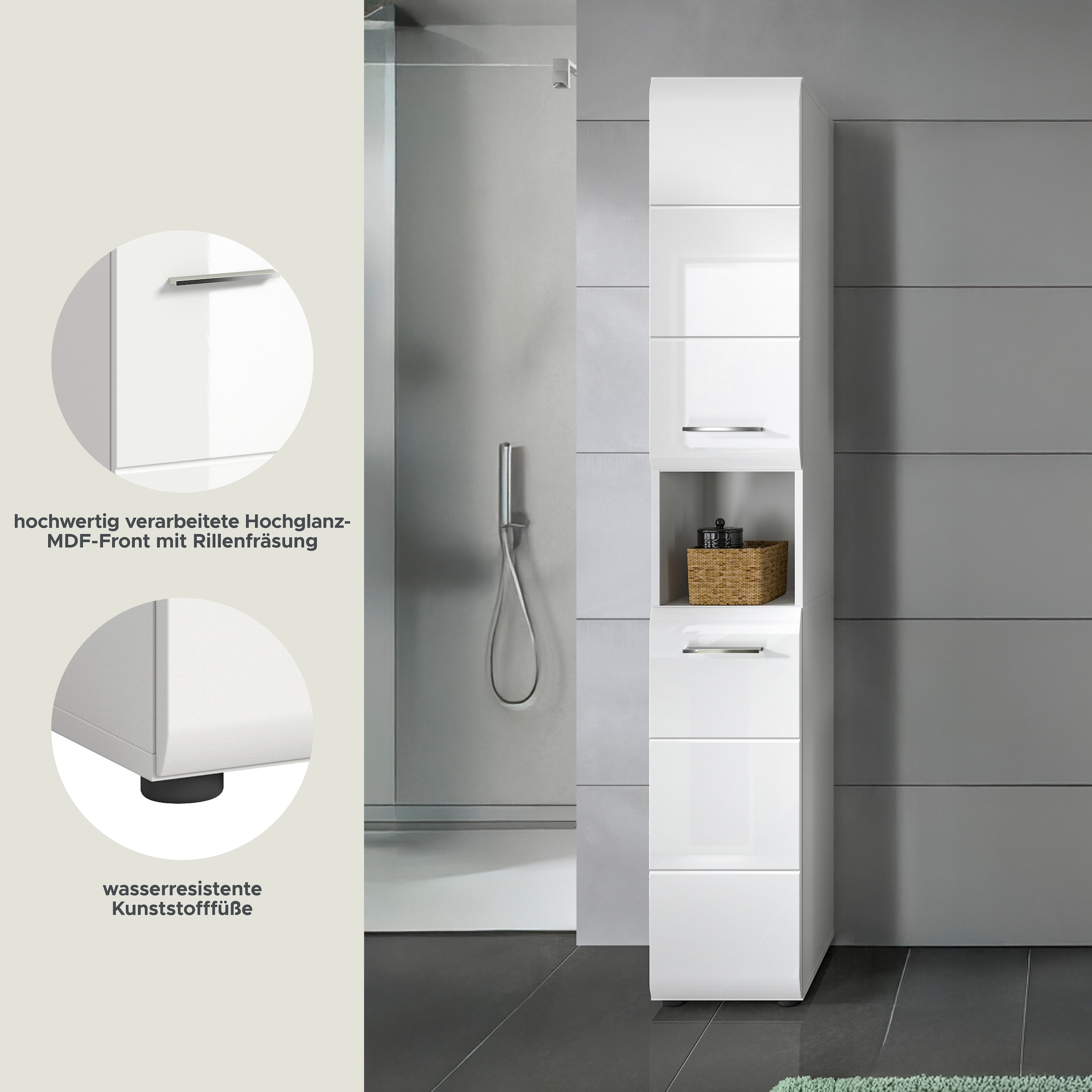 welltime Stauraumschrank 1 Stk. tlg. Florenz, Hochschrank, Weiß Hochglanz Tiefzieh, 185 cm hoch, Bad