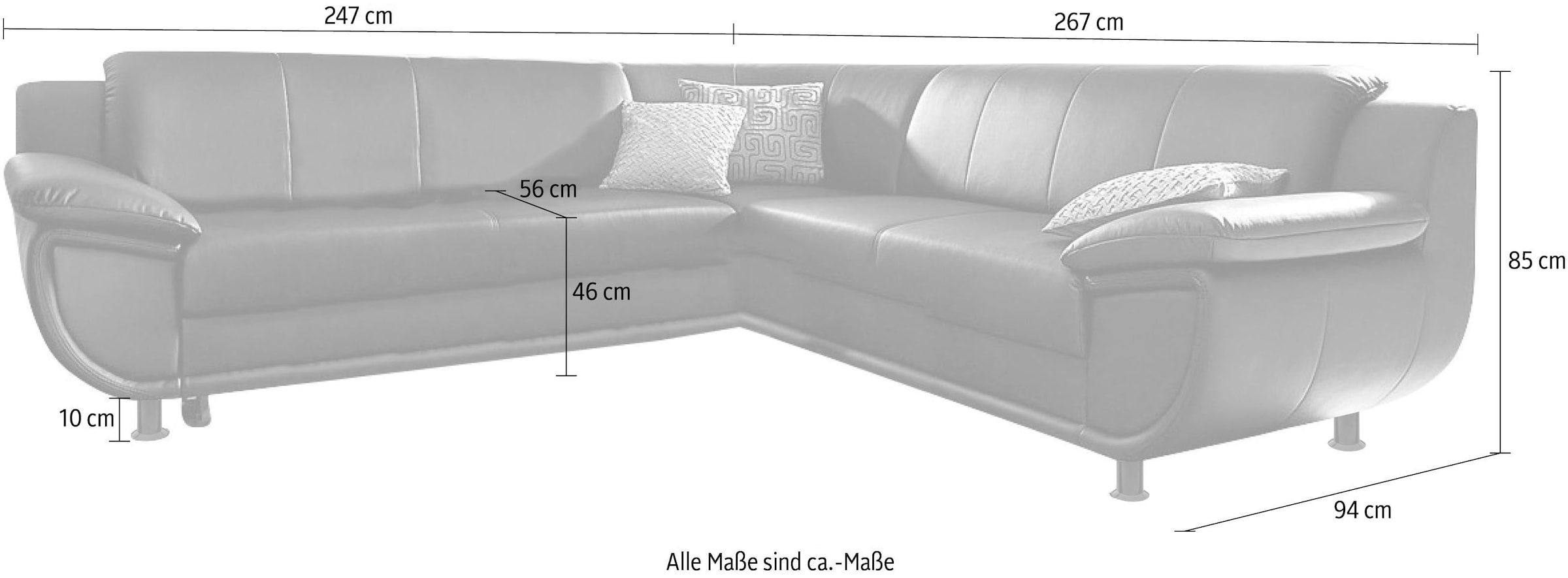 TRENDMANUFAKTUR Ecksofa »Rondo wahlweise mit Schlaffunktion, 267x247 cm (BxT), breite Armlehnen« L-Form, wahlweise mit Federkern bestellbar, Füße schwarz