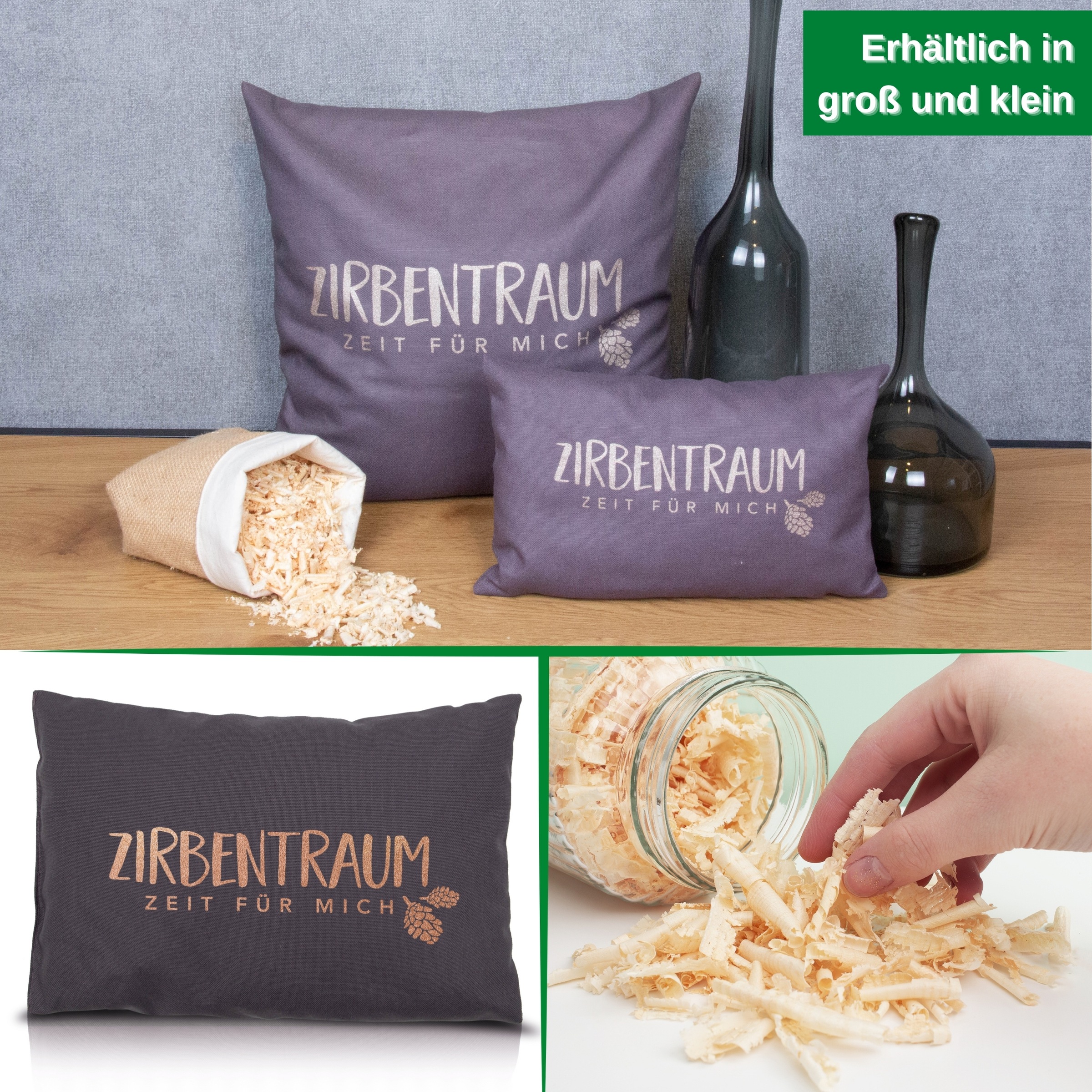 herbalind Zirbenkissen »Zirbentraum in Anthrazit/Roségold 30x20 mit Reißverschluss - Gefüllt« mit hochwertigen Zirbenholzflocken 100% Baumwolle - Made in Germany