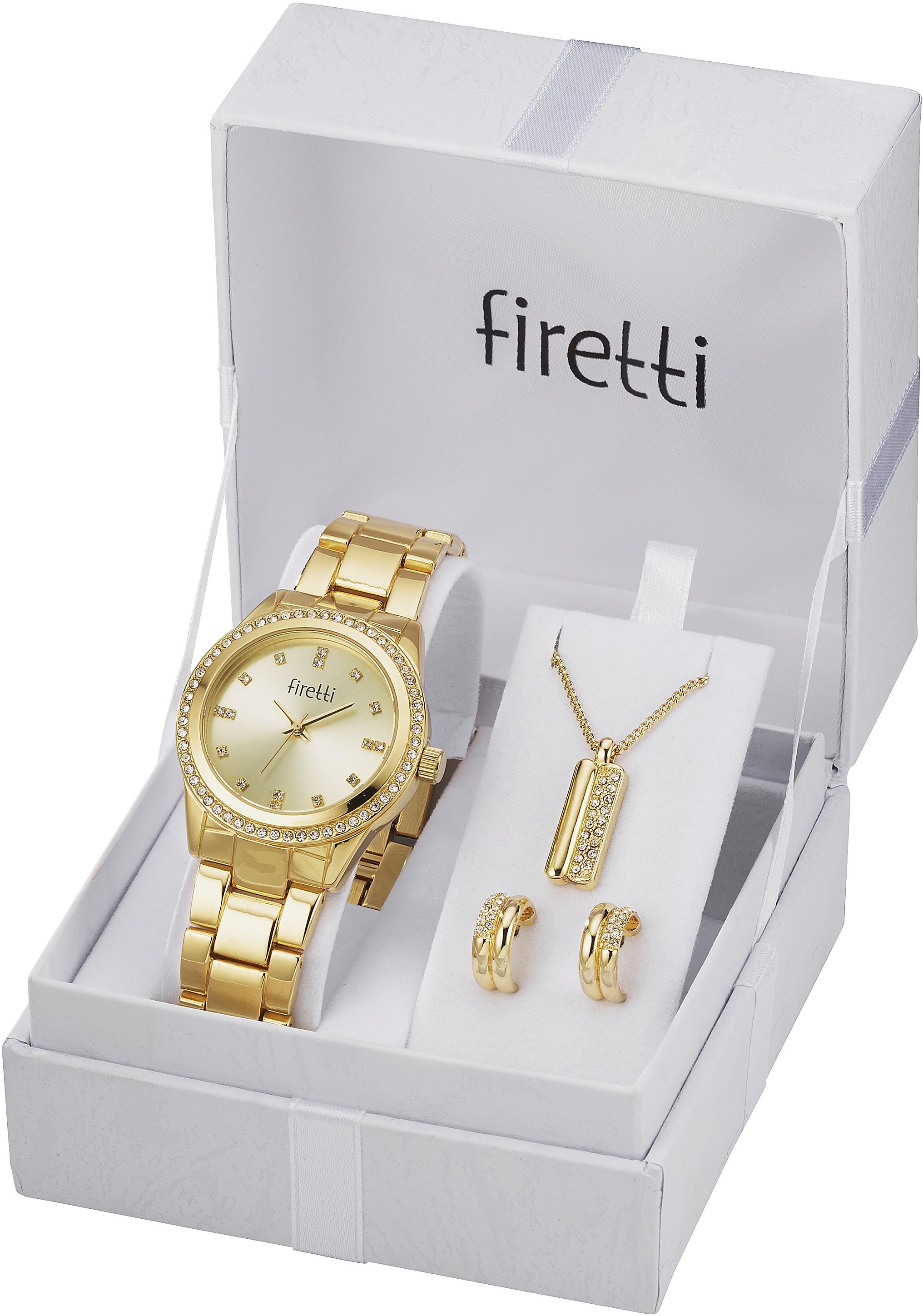 Firetti Quarzuhr, (Set, 4 tlg., inkl. Ohrstecker und Kette mit Anhänger), Armbanduhr, Damenuhr, Glassteine, ideal auch als Geschenk