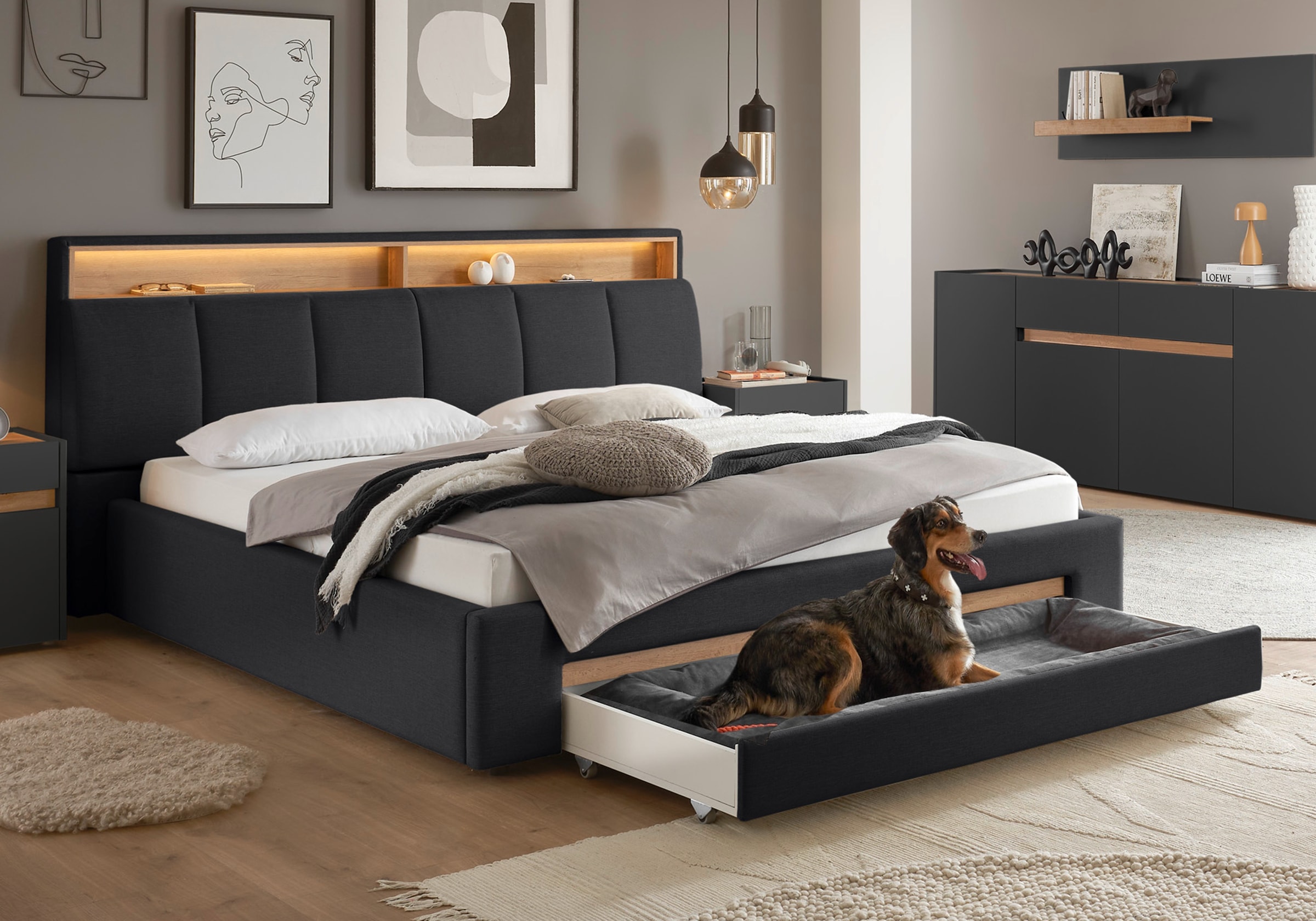 Home affaire Polsterbett »CiTY/GiRON,, gepolstertes Stauraumbett, mit LED Beleuchtung« Bettkasten mit Hundebett oder als Stauraum, klappbare Kopfteile