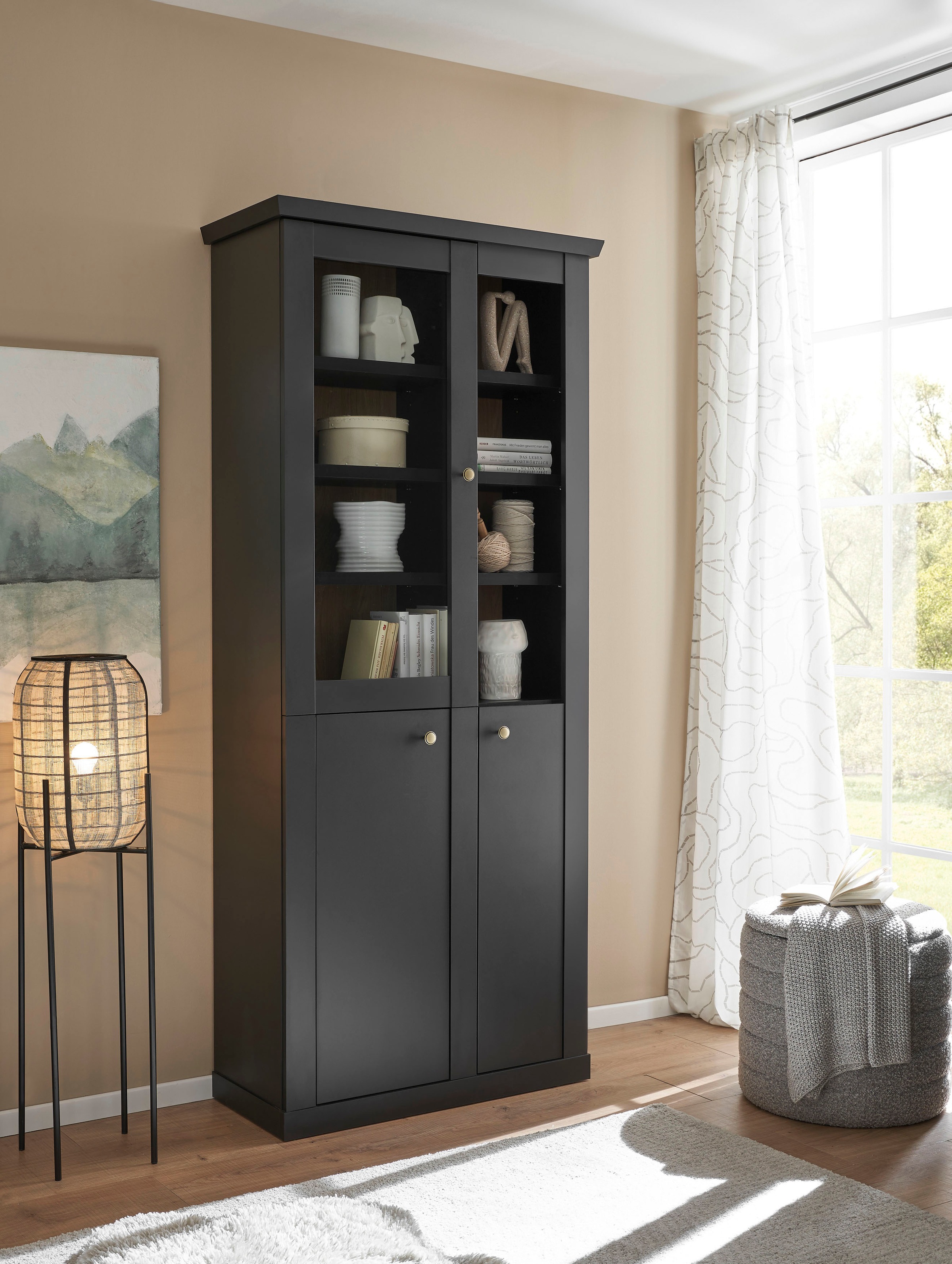 Home affaire Vitrine »Lincoln, Hochschrank im Landhausstil, moderne Glasvitrine« edles Design, messingfarbene Knopfgriffe, vielseitig einsetzbar