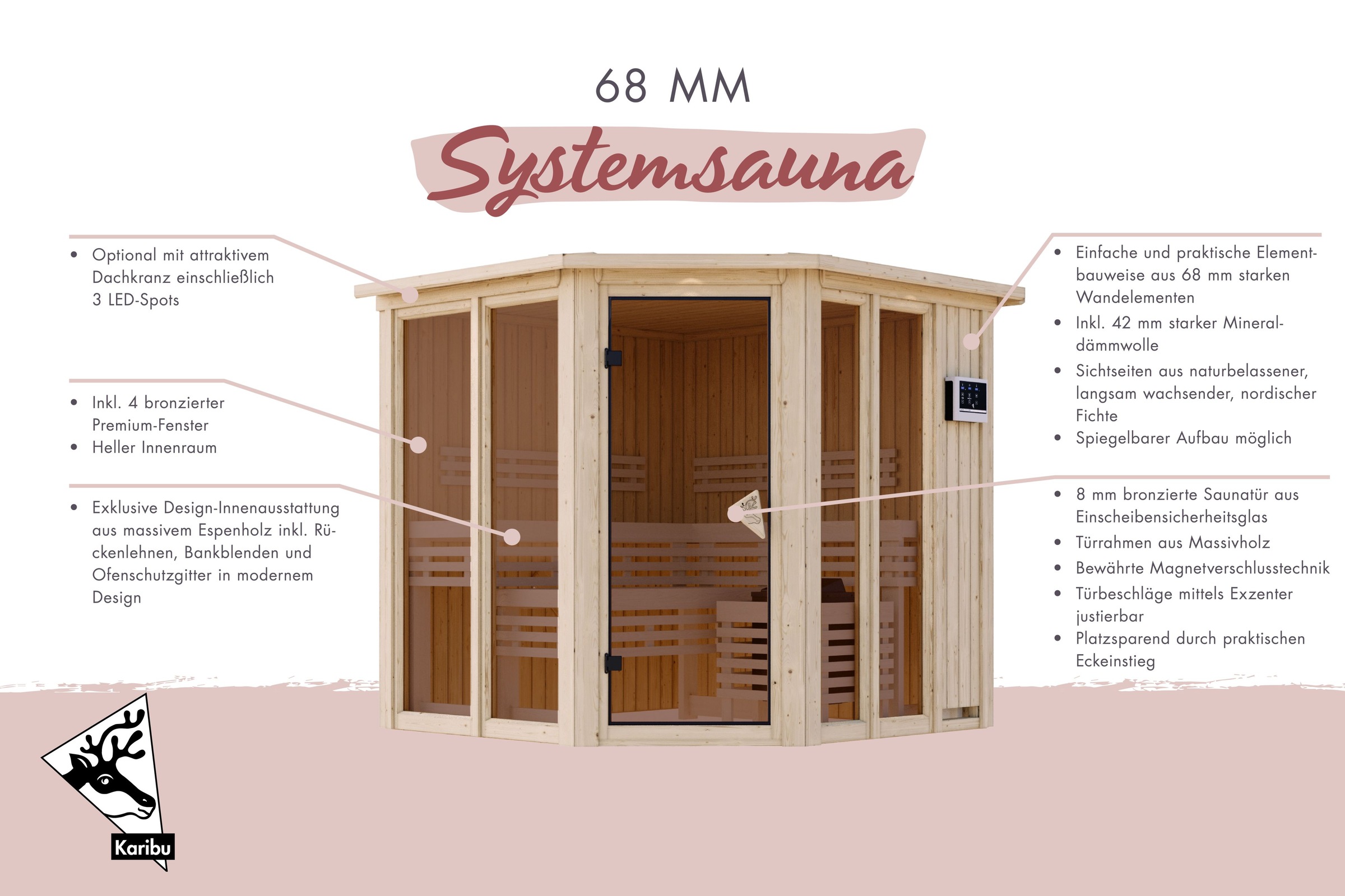 Karibu Sauna »"Airia" naturbelassen« aus hochwertiger nordischer Fichte