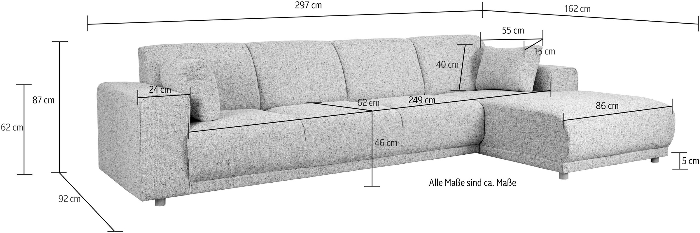 Home affaire Ecksofa »LEMPS wahlweise Recamiere links oder rechts L-Form«, incl. Zierkissen, Stellmaße 297x162 cm