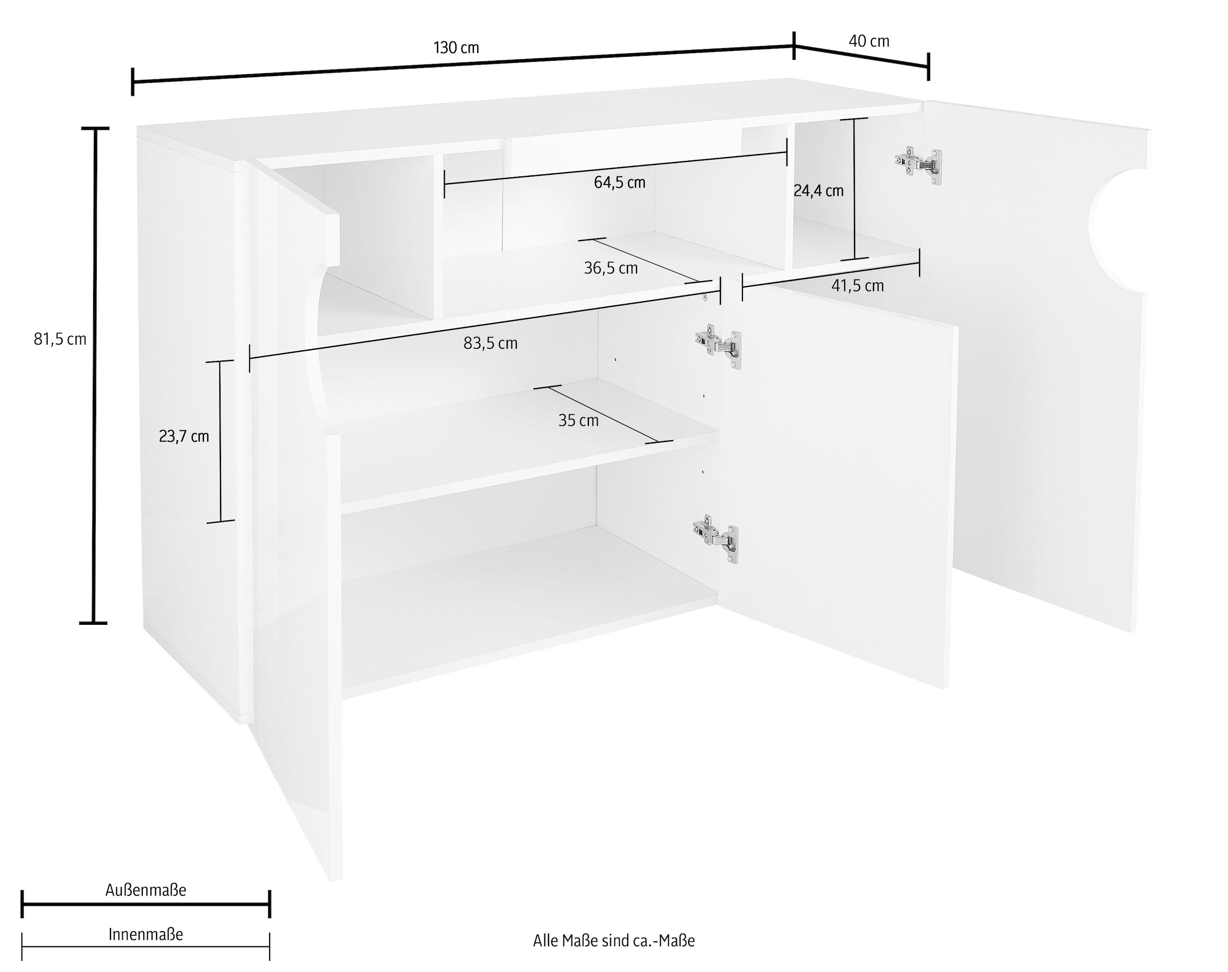 INOSIGN Sideboard »Real,Vitrine,Kommode,Schrank,Breite 130 cm komplett hochglanz lackiert«, mit 3 Türen davon 2 abgerundet, die ein ovales offenes Fach bilden