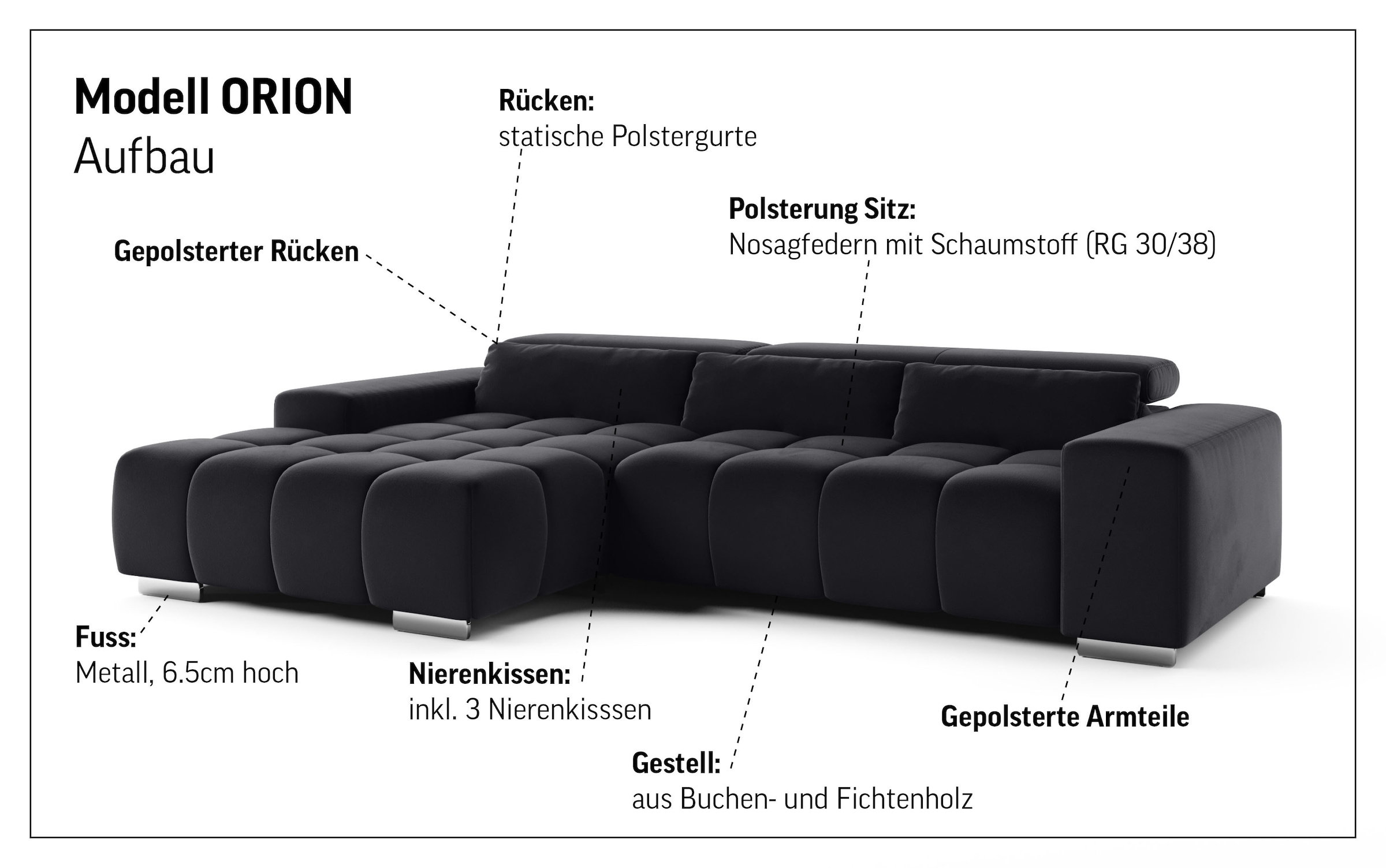 COTTA Ecksofa »Orion L-Form«, mit Recamiere, inkl. verstellbaren Kopfstützen und 3 Kissen
