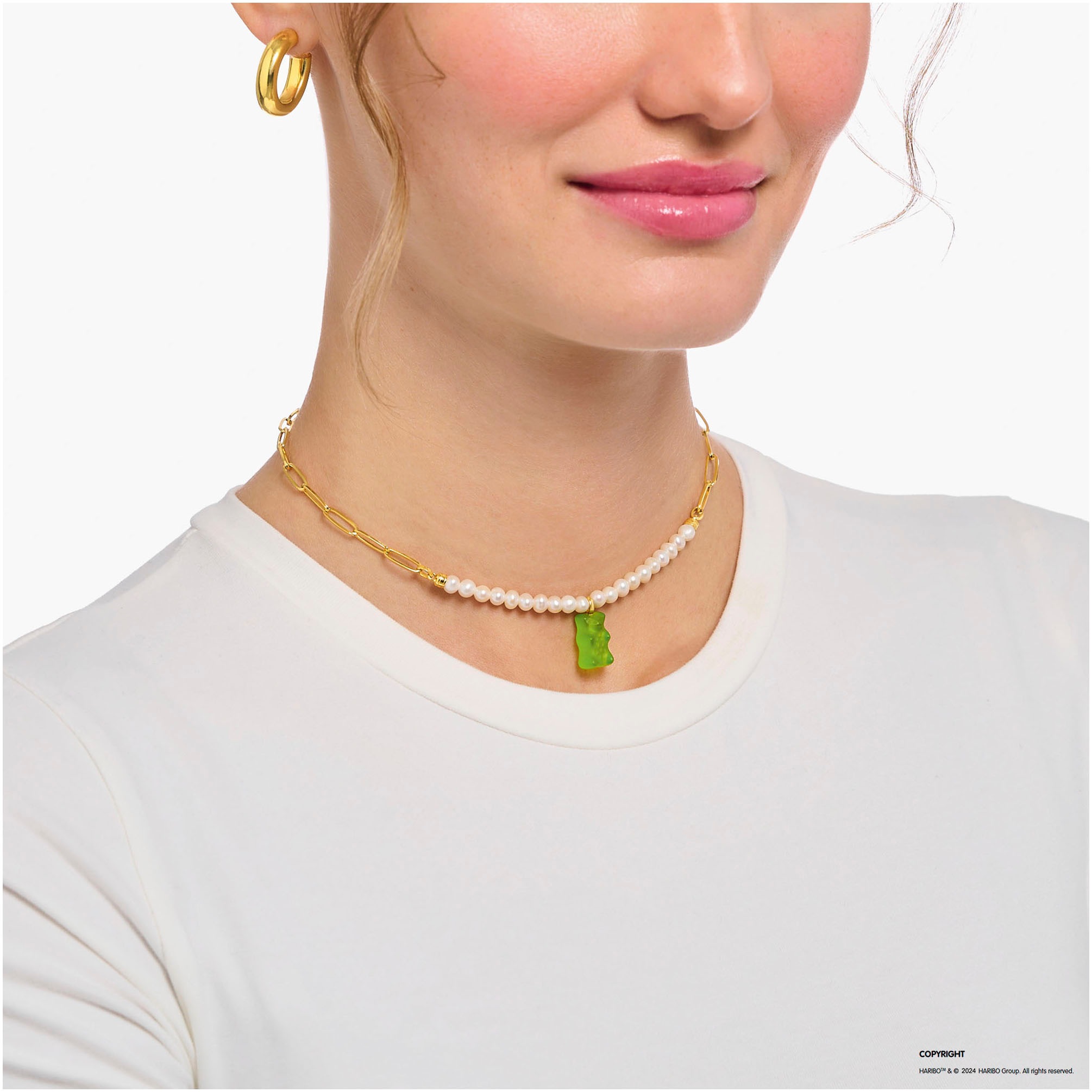 THOMAS SABO Kette mit Anhänger »THOMAS SABO x HARIBO Schmuck: Gliedercollier mit Goldbär«, mit Kristallglas - mit Süßwasserzuchtperle