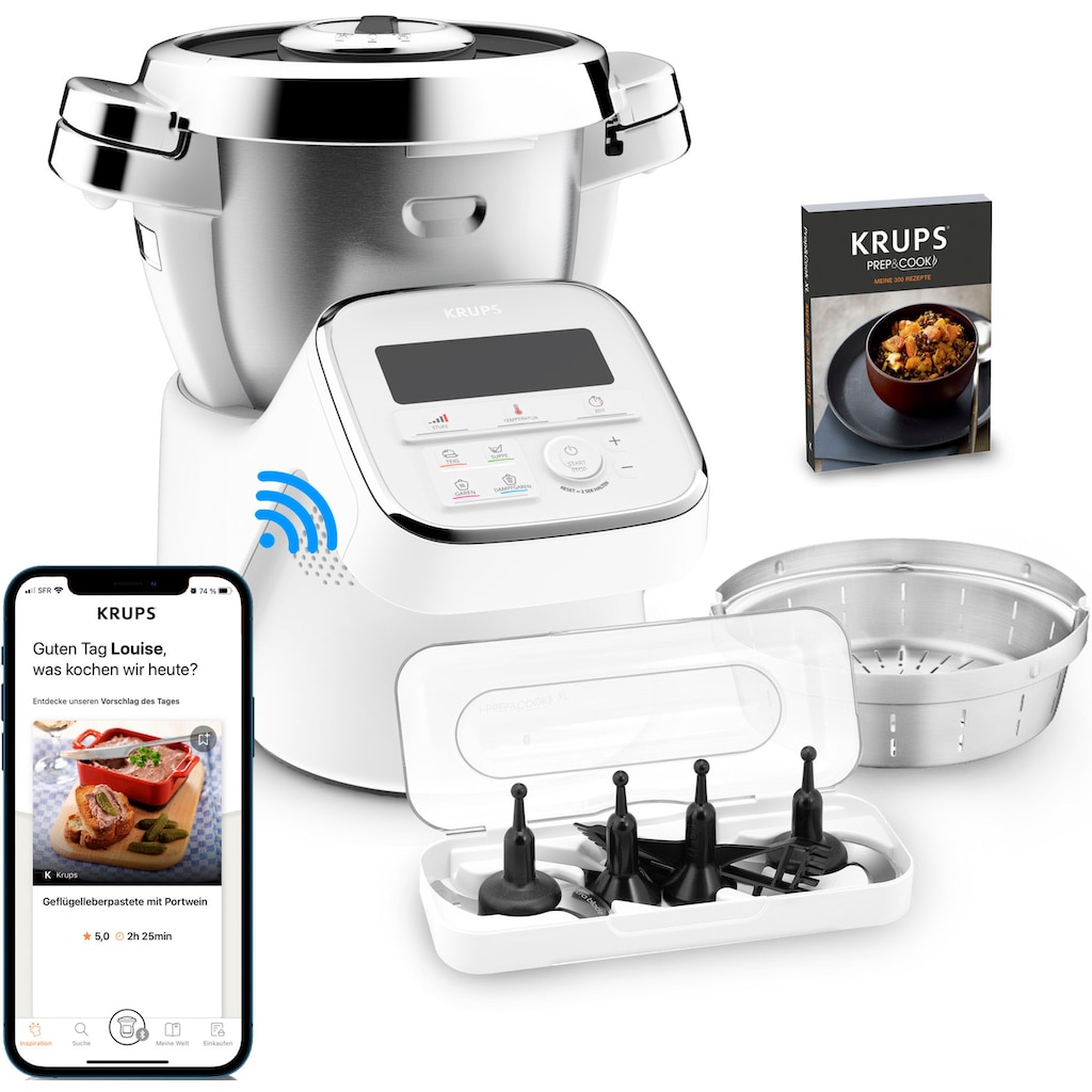 Krups Küchenmaschine mit Kochfunktion »HP60A1 i Prep&Cook XL«, 1550 Watt Leistung, 3 Liter Edelstahlschüssel, 10 automatische Programme + manueller Modus, 5 Zubehörteile, Bluetooth Funktion mit App und Sprachsteuerung, mit Kochfunktion