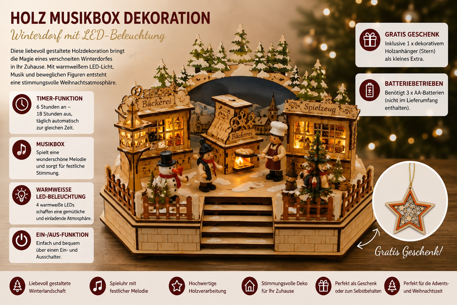 OTTO home Spieluhr »LED Weihnachtsdorf« Weihnachtsdorf aus Holz mit LED, Gratis-Hänger, 6h-Lichttimer