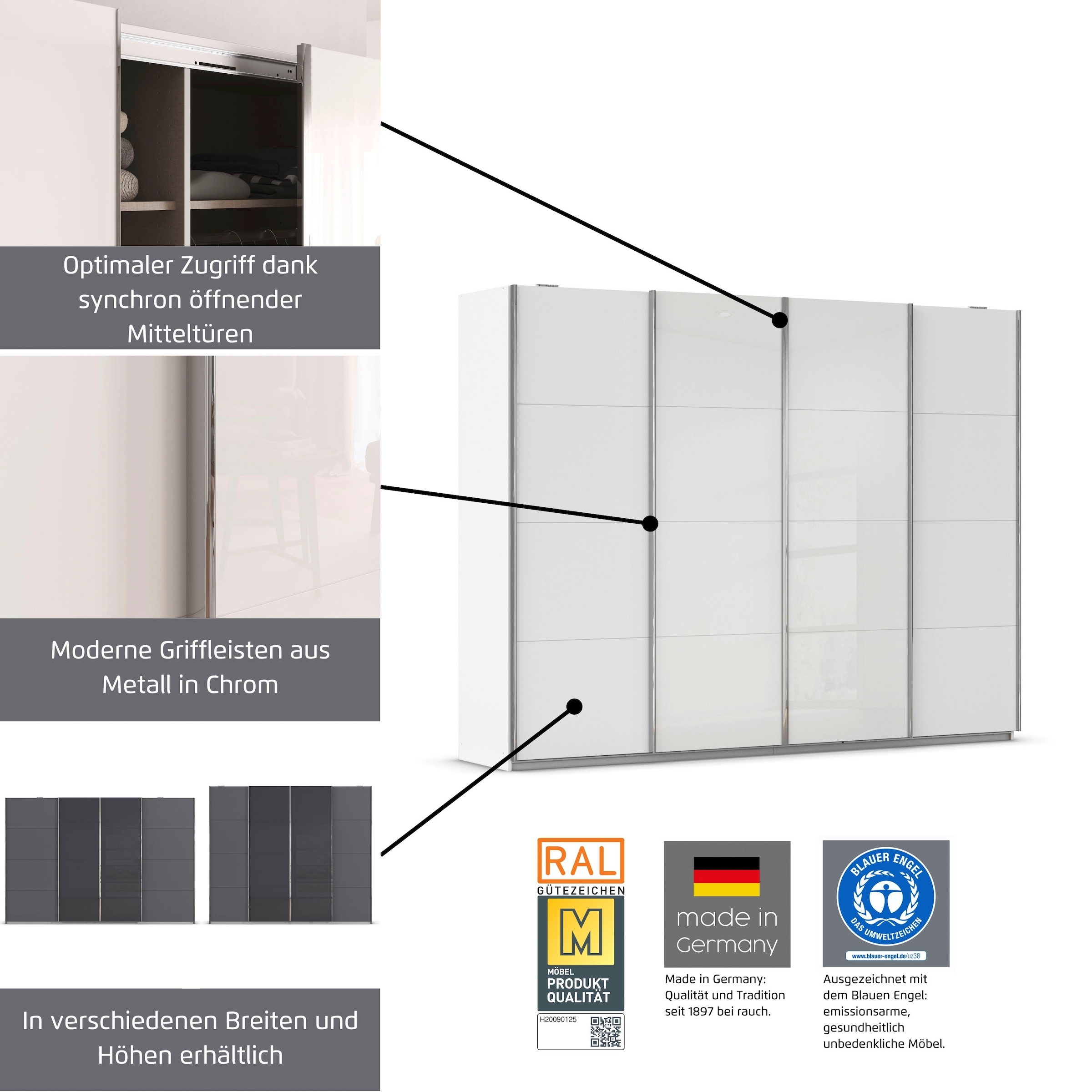 rauch Schwebetürenschrank »Kleiderschrank Schrank Garderobe Wäscheschrank Ankleide SYNCRONO« Mitteltüren öffnen parallel, Breiten 271/316/361 cm Höhen 211/230 cm,  Mitteltüren mit praktischer Synchron-Öffnung MADE IN GERMANY