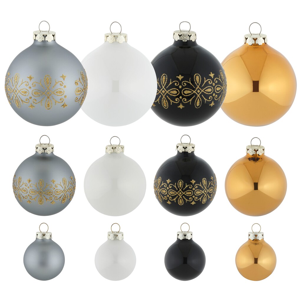 Thüringer Glasdesign Weihnachtsbaumkugel »Black&White&Gold, Weihnachtsdeko, Christbaumschmuck«, (Set, 30 St.), hochwertige Christbaumkugeln aus Glas, mundgeblasen und handdekoriert