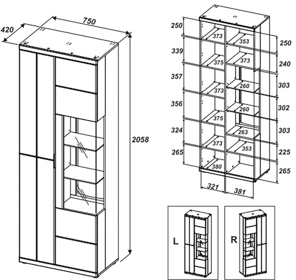 Innostyle Vitrine »Donna Vitrine, 75x207x42 (BxHxT)« 1 Stk. tlg. Beleuchtung  bestellbar, 3 türig, Echtkork Absetzung, L/R verwendbar