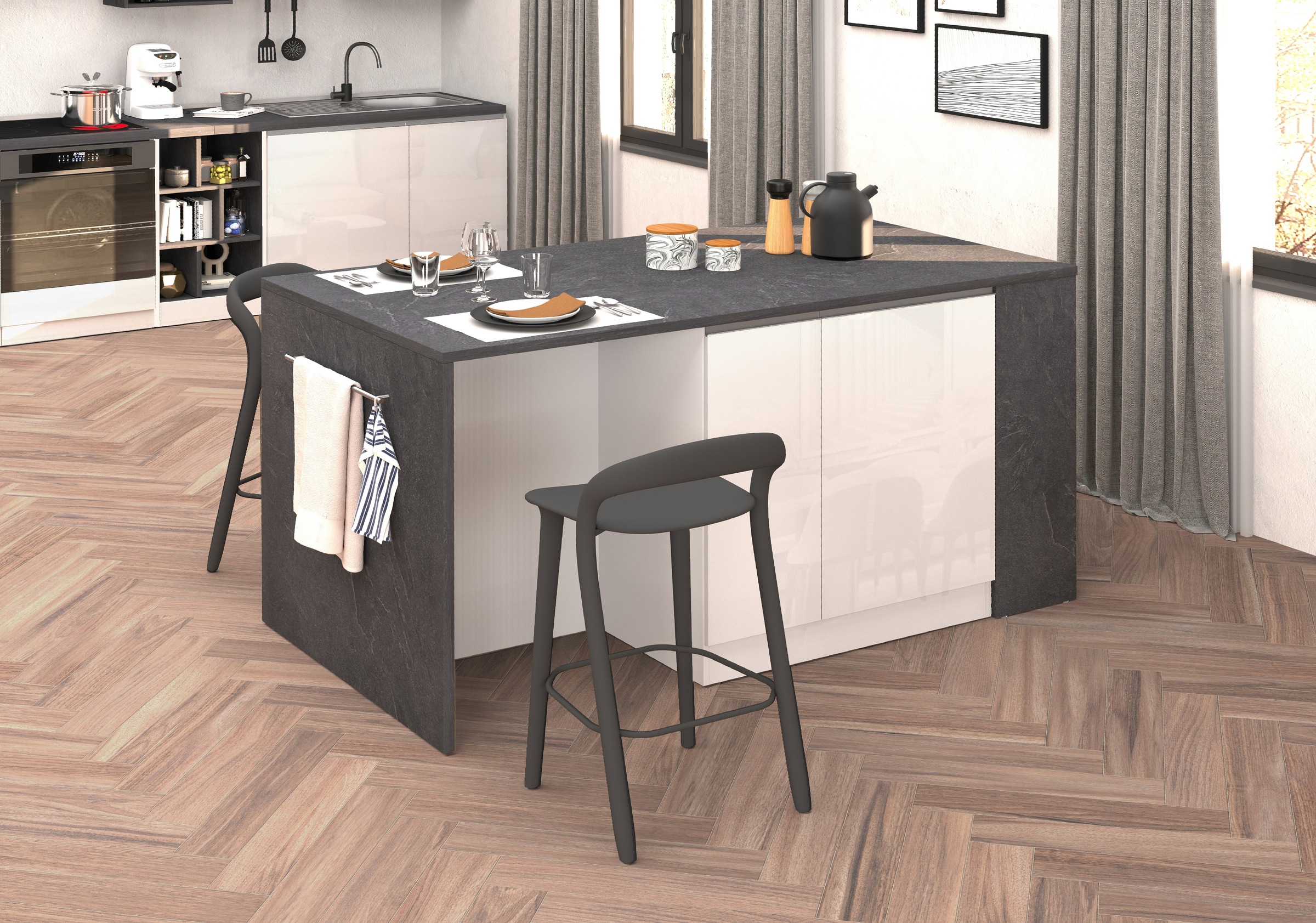 KOCHSTATION Kücheninsel »KS-Sole, Kochinsel, Küchenarbeitsblock, Arbeitsinsel, Made in Italy«, Breite 167,5 cm, 2 Apothekerauszüge, 2 Essplätze, 1 offenes Regal