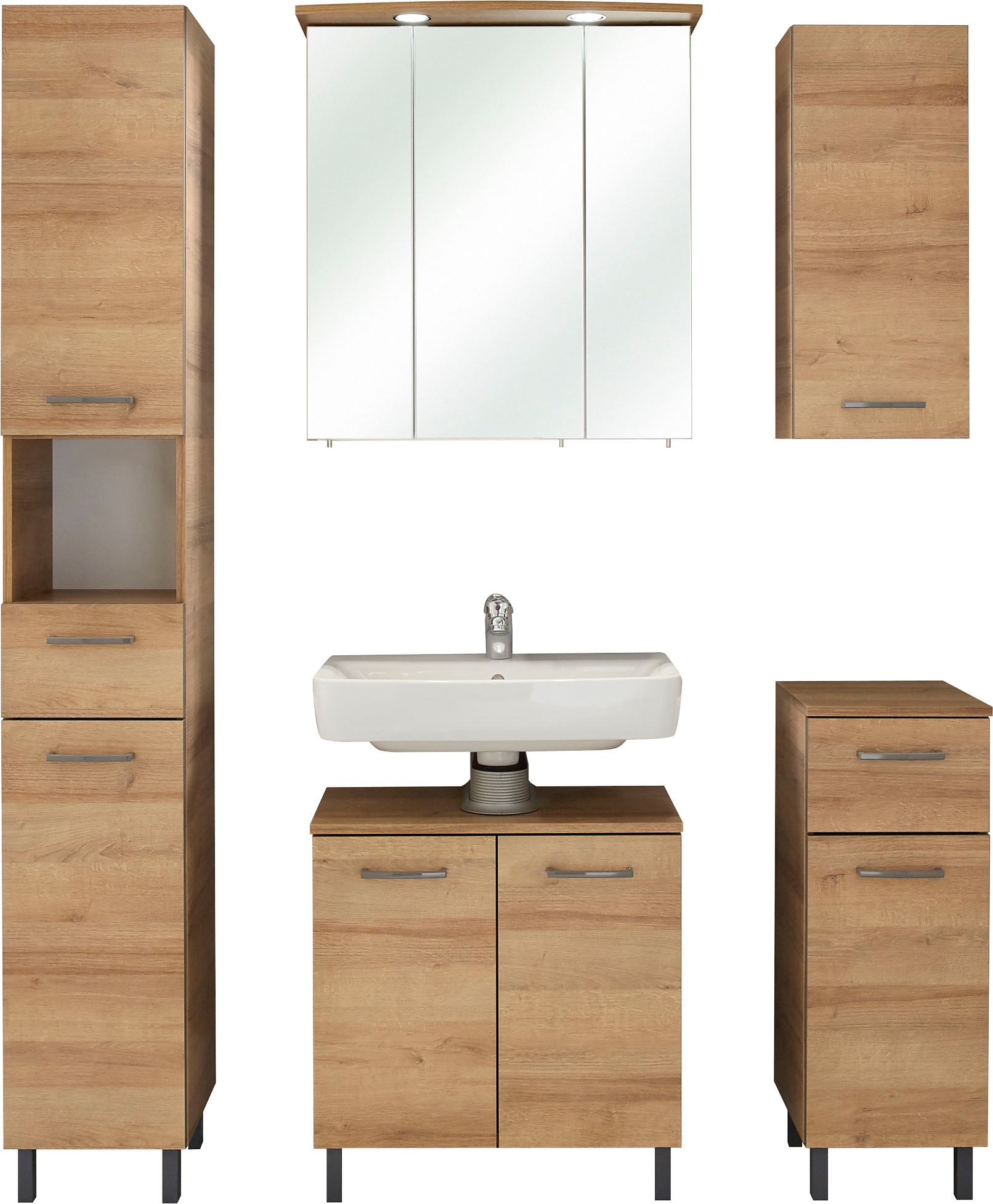 Saphir Badmöbel-Set »Quickset 919 5-teilig, Waschbeckenunterschrank mit LED-Spiegelschrank«, (5 St.), Hochschrank, Unterschrank, Hängeschrank, 9 Türen, inkl. Türdämpfer