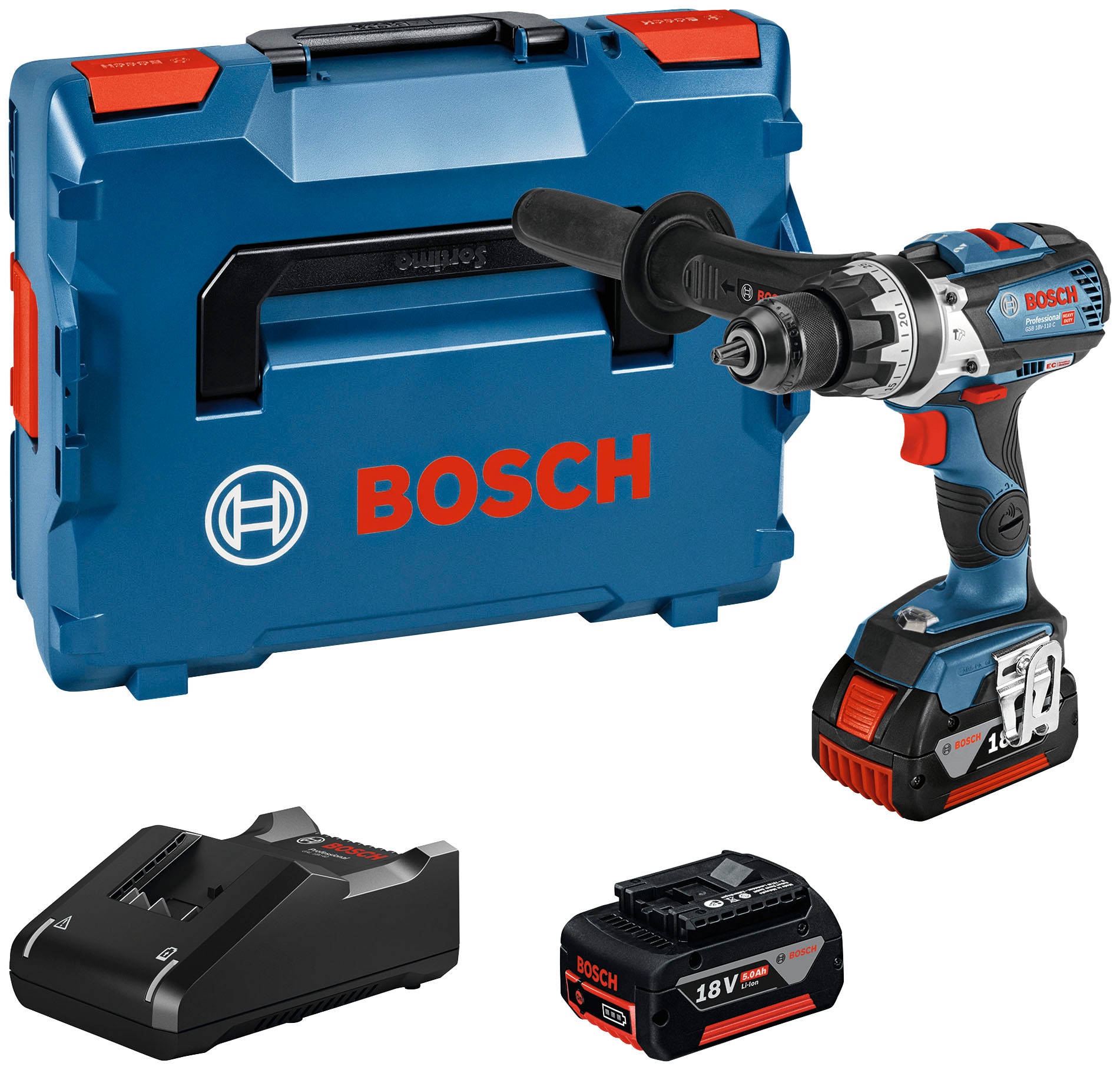 Bosch Professional Akku-Schlagbohrschrauber »GSB 18V-110 C« Set, mit 2 Akkus 18V/5,0Ah, Ladegerät und L-Boxx in blau
