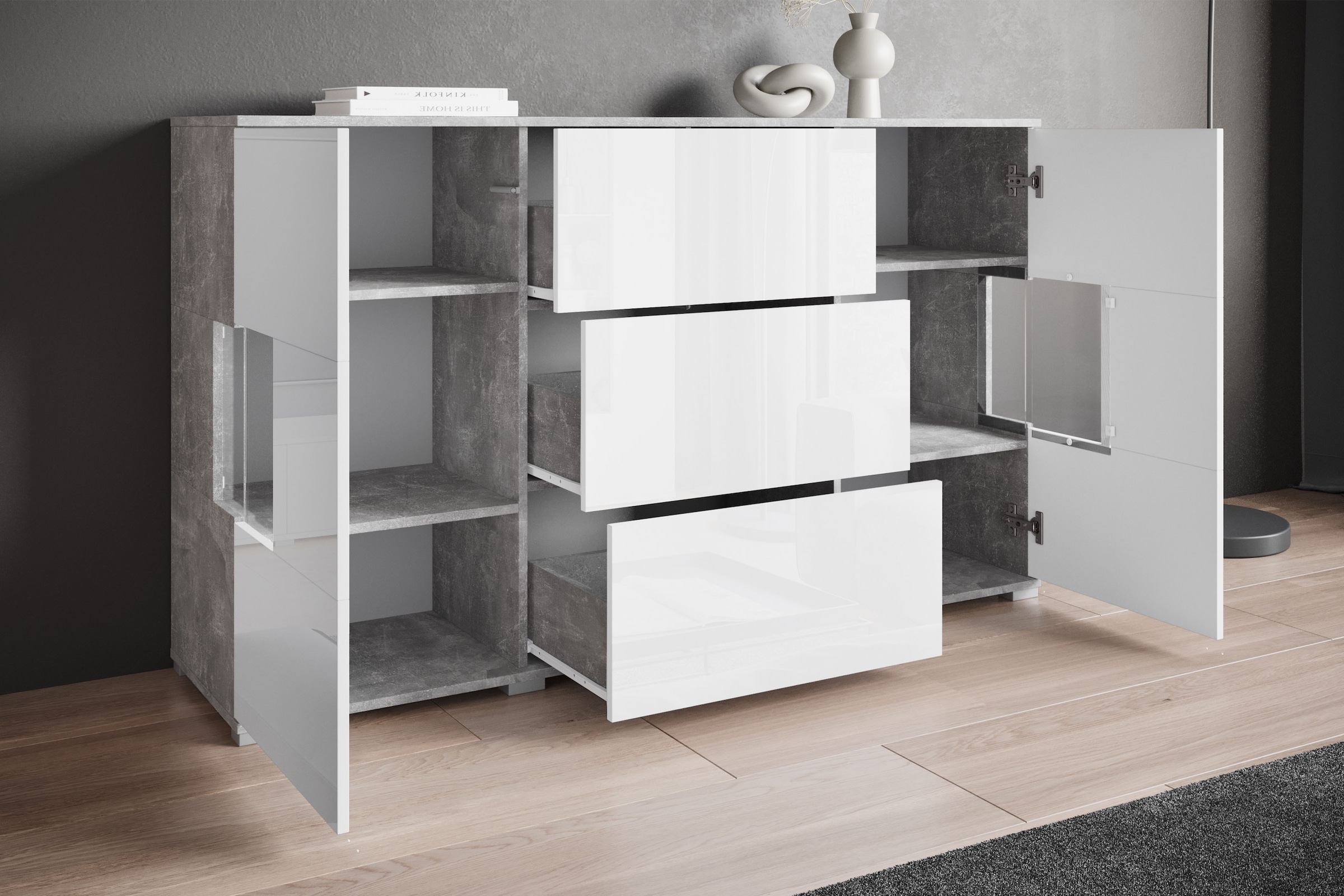 INOSIGN Sideboard »Kenia«, (1 St.), Sideboard mit 3 Schubladen, 6 Fächern, Glastüren, Breite 150 cm