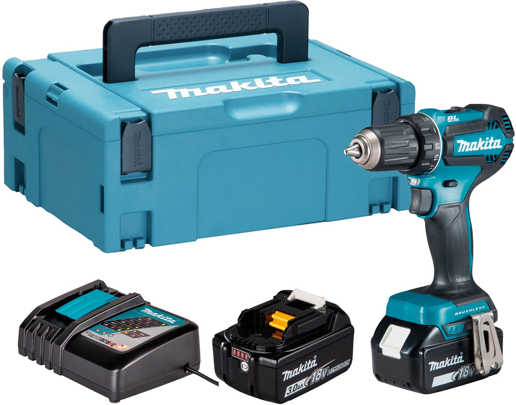 Makita Akku-Bohrschrauber »DDF485RFJ«, inkl. 2 Akkus 18V/3Ah, Ladegerät und Koffer