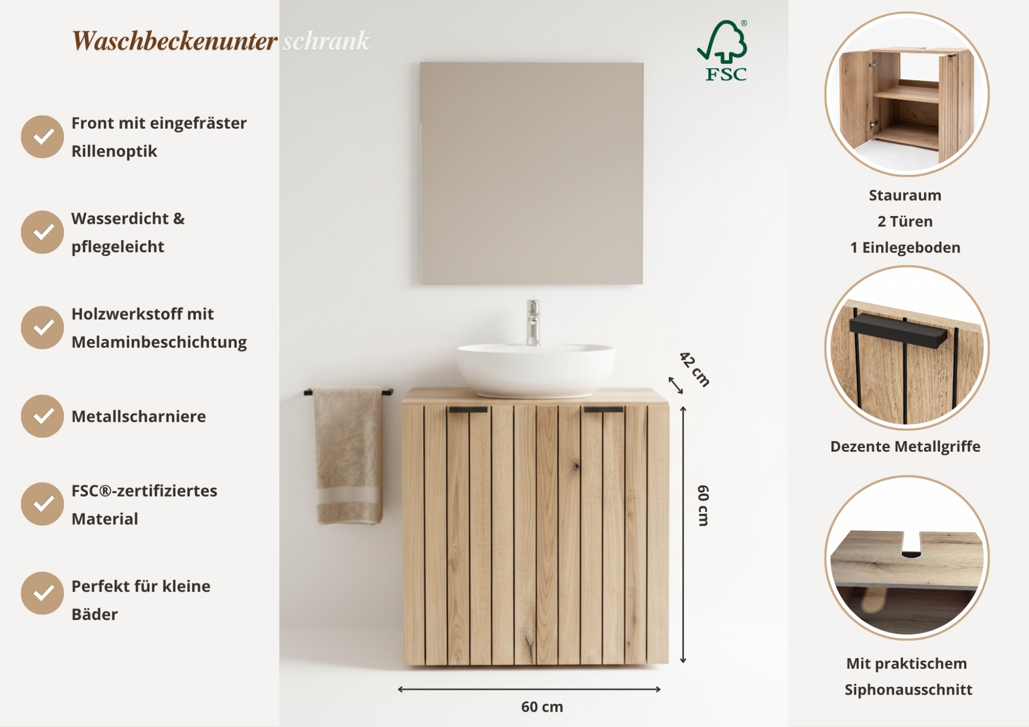OTTO home Waschbeckenunterschrank »Baltrum« Breite 60 cm dekorative Lamellenoptik