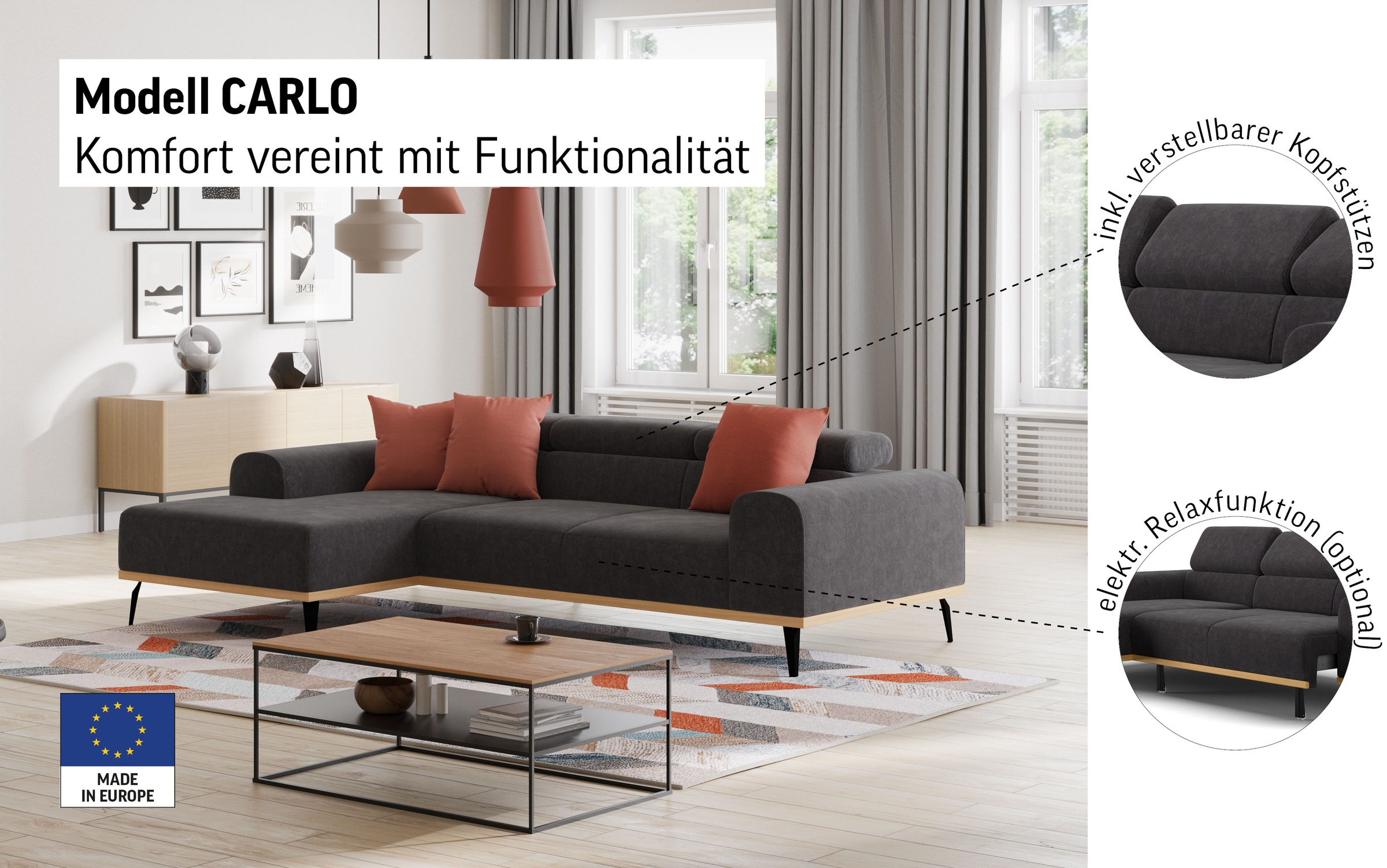 Places of Style Ecksofa »Carlo L-Form«, mit Kopfteilverstellung & Holz-Rahmenoptik, wahlweise Relaxfunktion