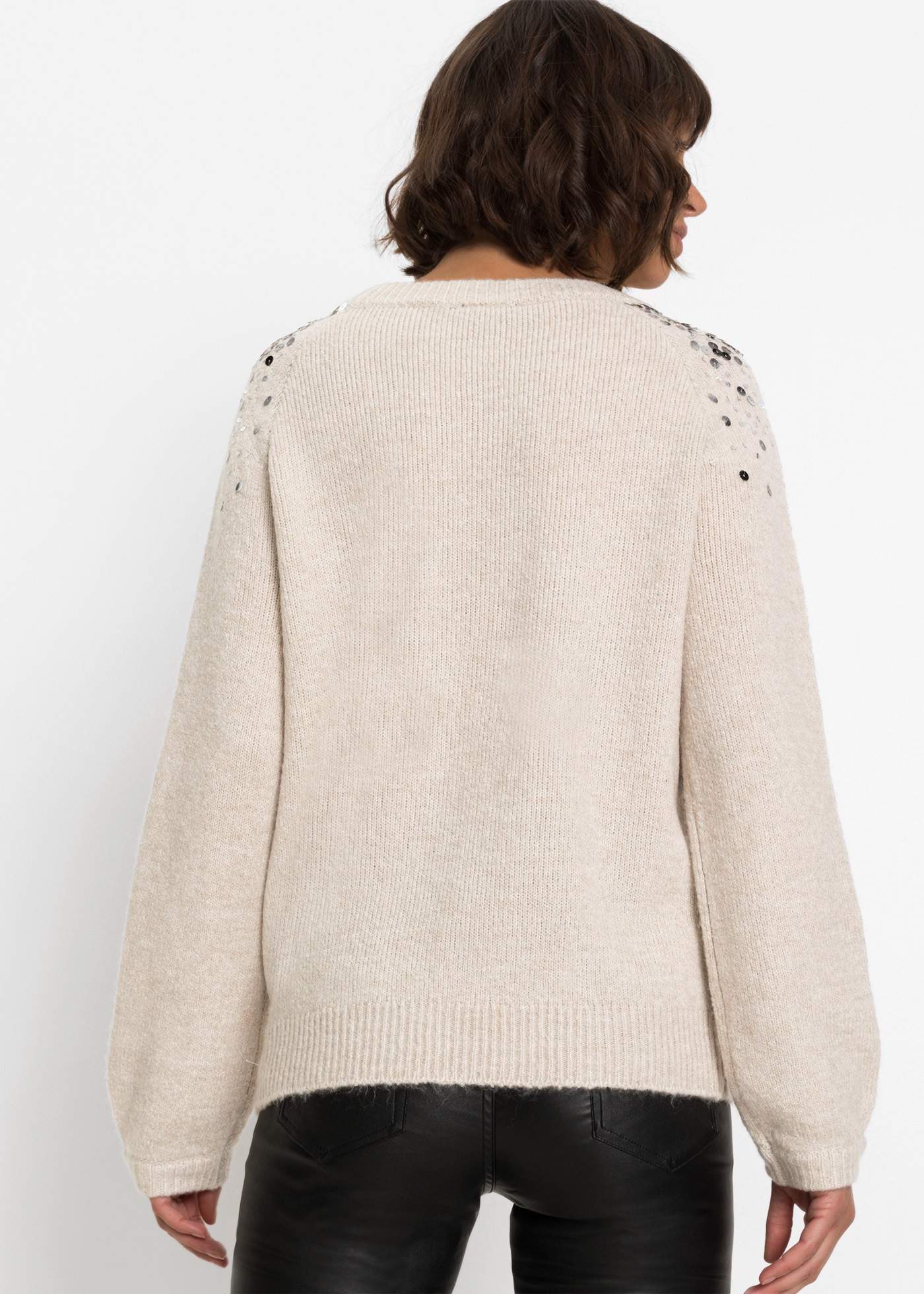 bonprix Strickpullover mit bunten Pailletten, Raglanärmel, bequem, Rundhals-Ausschnitt