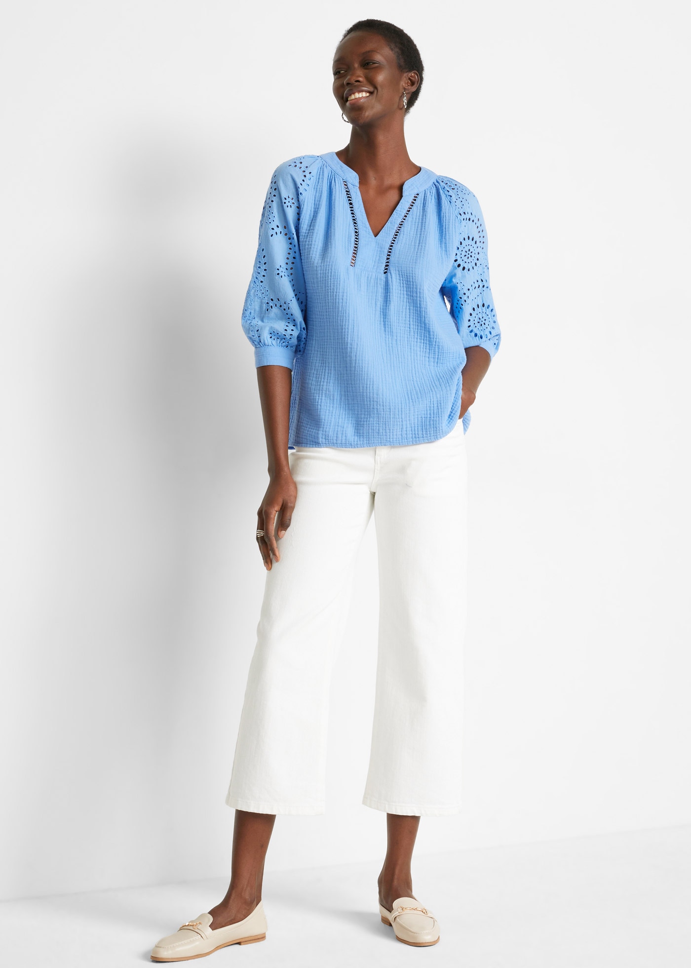 bonprix Tunika figurumspielende Passform, mit 3/4-Ärmeln, aus reiner Baumwolle