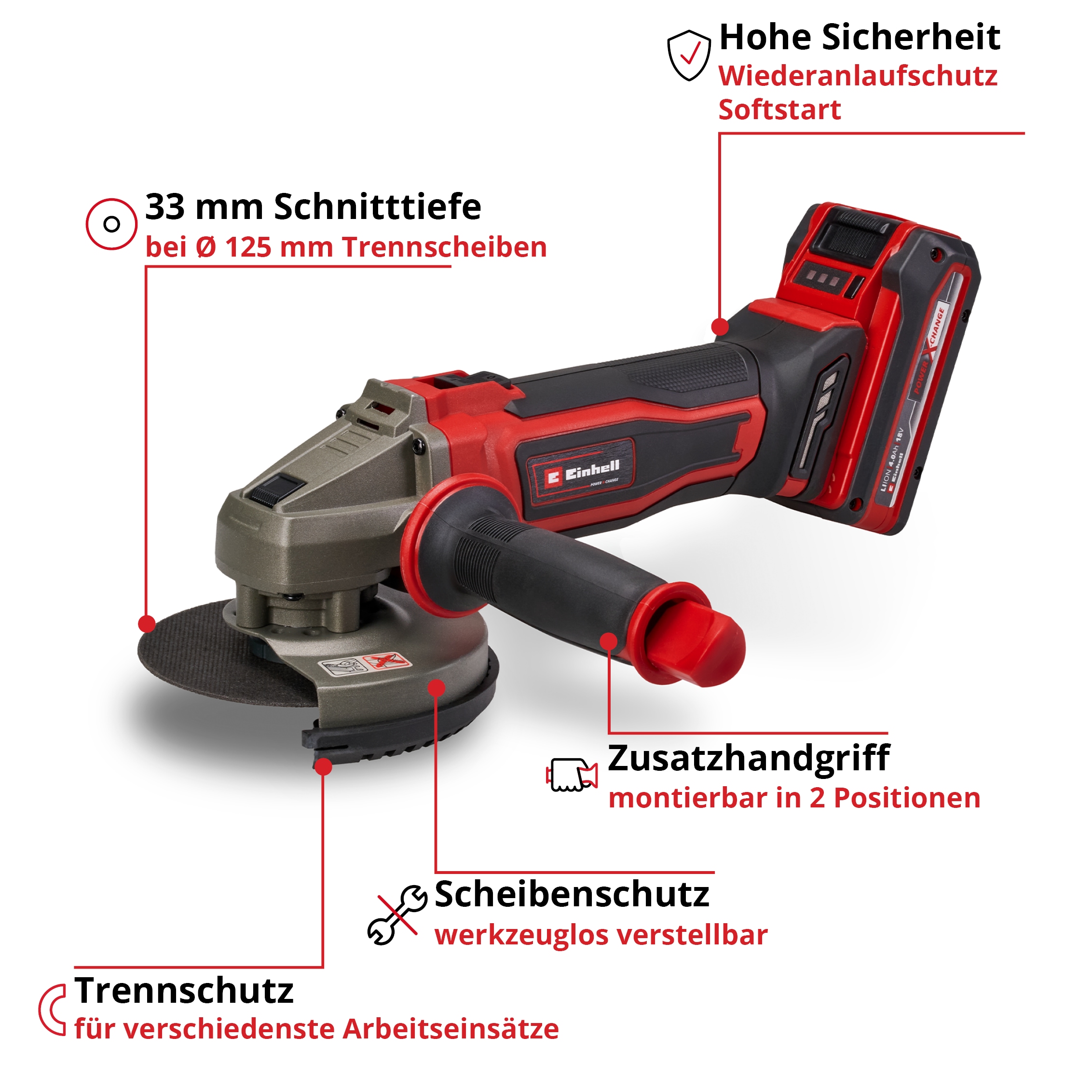 Einhell Akku-Winkelschleifer »TE-AG 18/125-2 Li« Set,  inkl. 4,0 Ah Akku und Ladegerät
