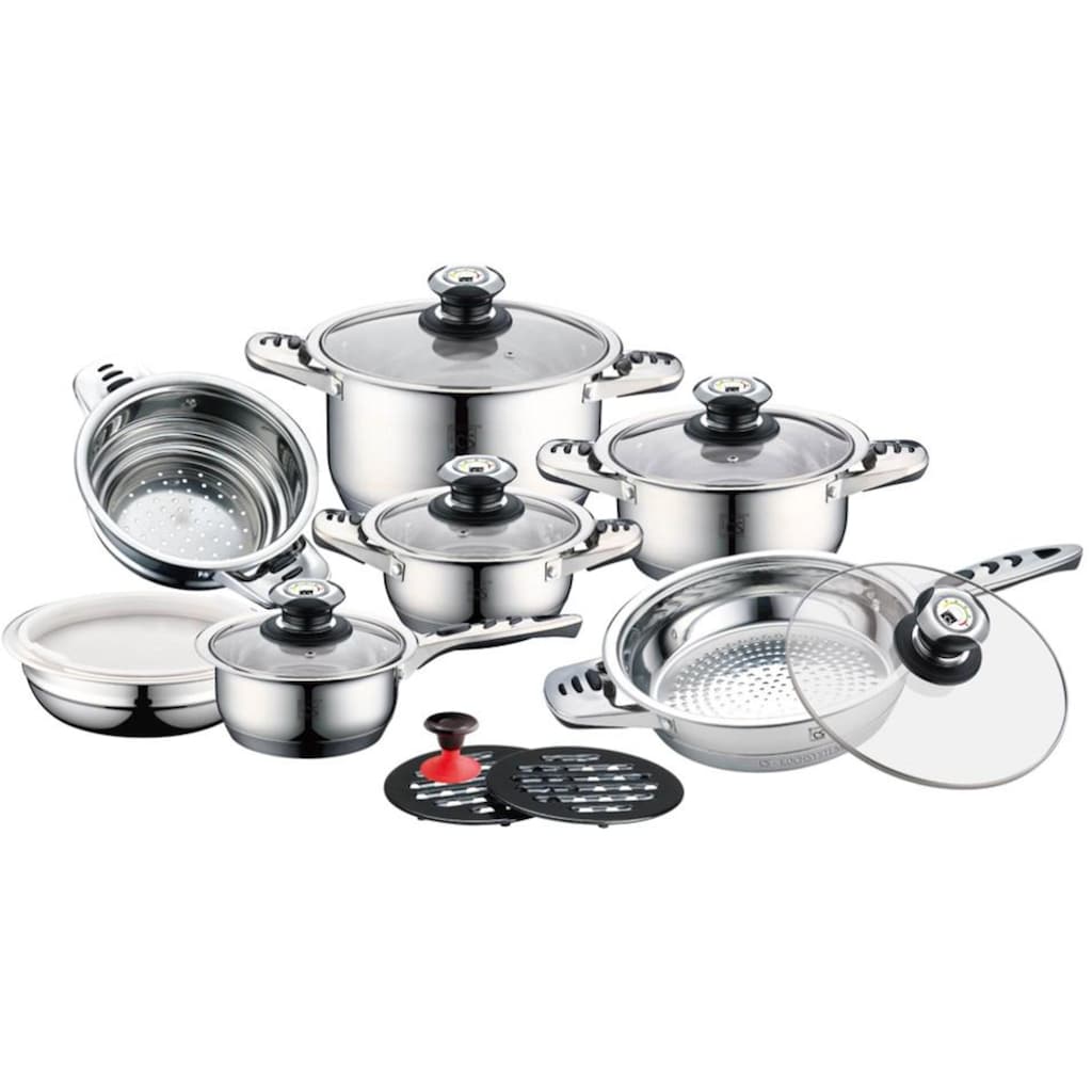 CS Koch-Systeme Topf-Set »Aurich«, Edelstahl, (Set, 16 tlg., Bratentopf 16/20/24cm, Stieltopf 16cm, Pfanne 24cm, Einsatz, Schüssel)