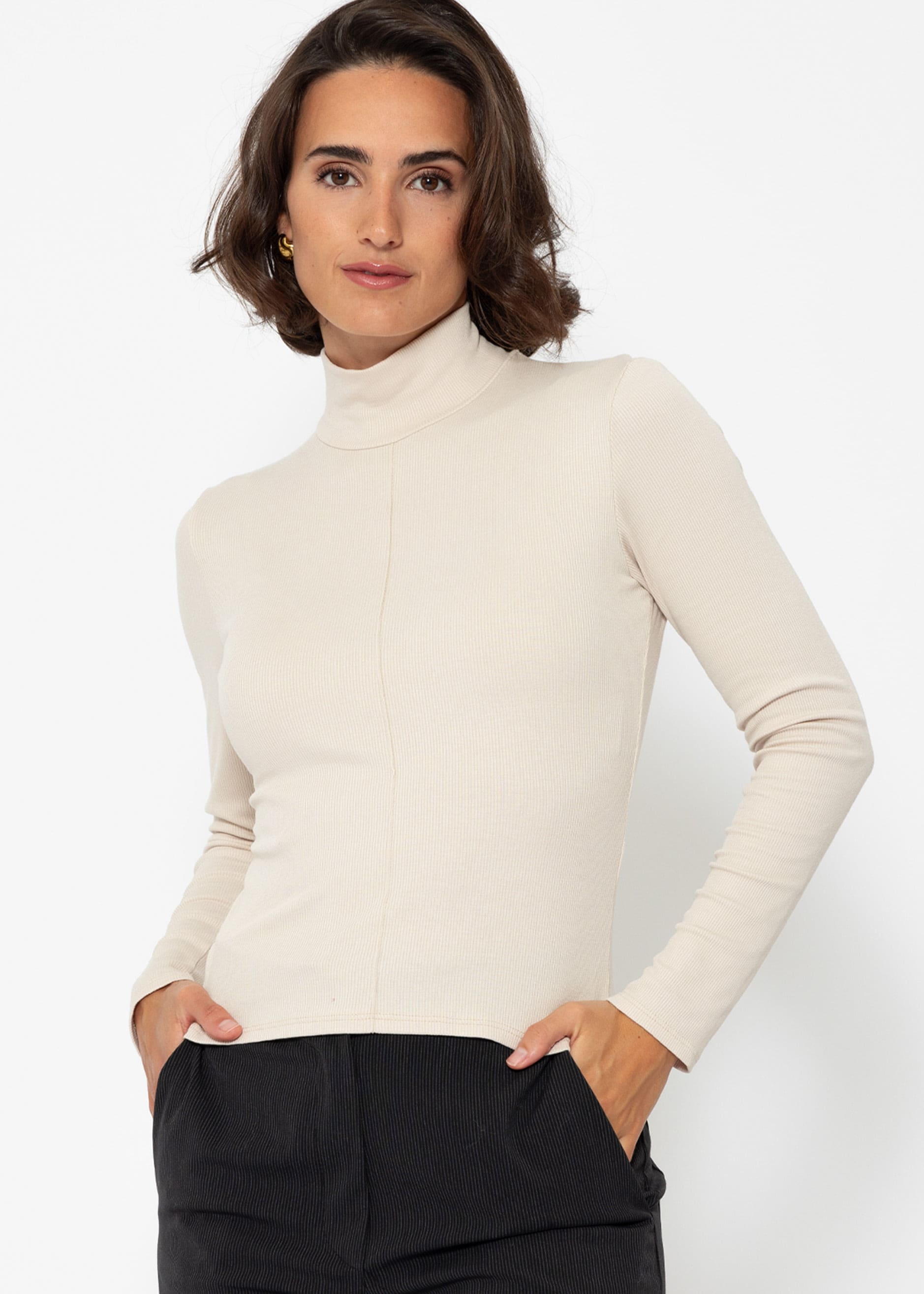 SASSYCLASSY Rollkragenshirt »Langarmshirt mit Rollkragen« Shirt Langarm aus weichem Viskose Jersey Schwarz Grau Beige