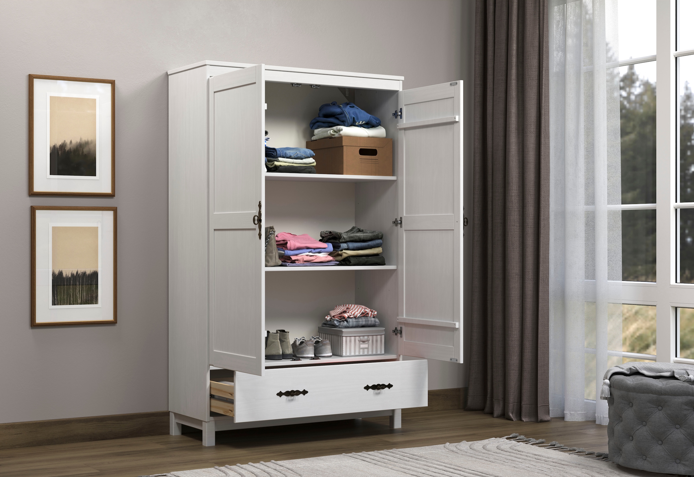 Home affaire Kleiderschrank »Sandnes Kieferschrank Schlafzimmer Schrank TOPSELLER weiß«, (1 St., natürlicher Landhaus-Look B/T/H: 96x38x155cm), Drehtürenschrank aus Massivholz mit Metallgriffen und Schublade