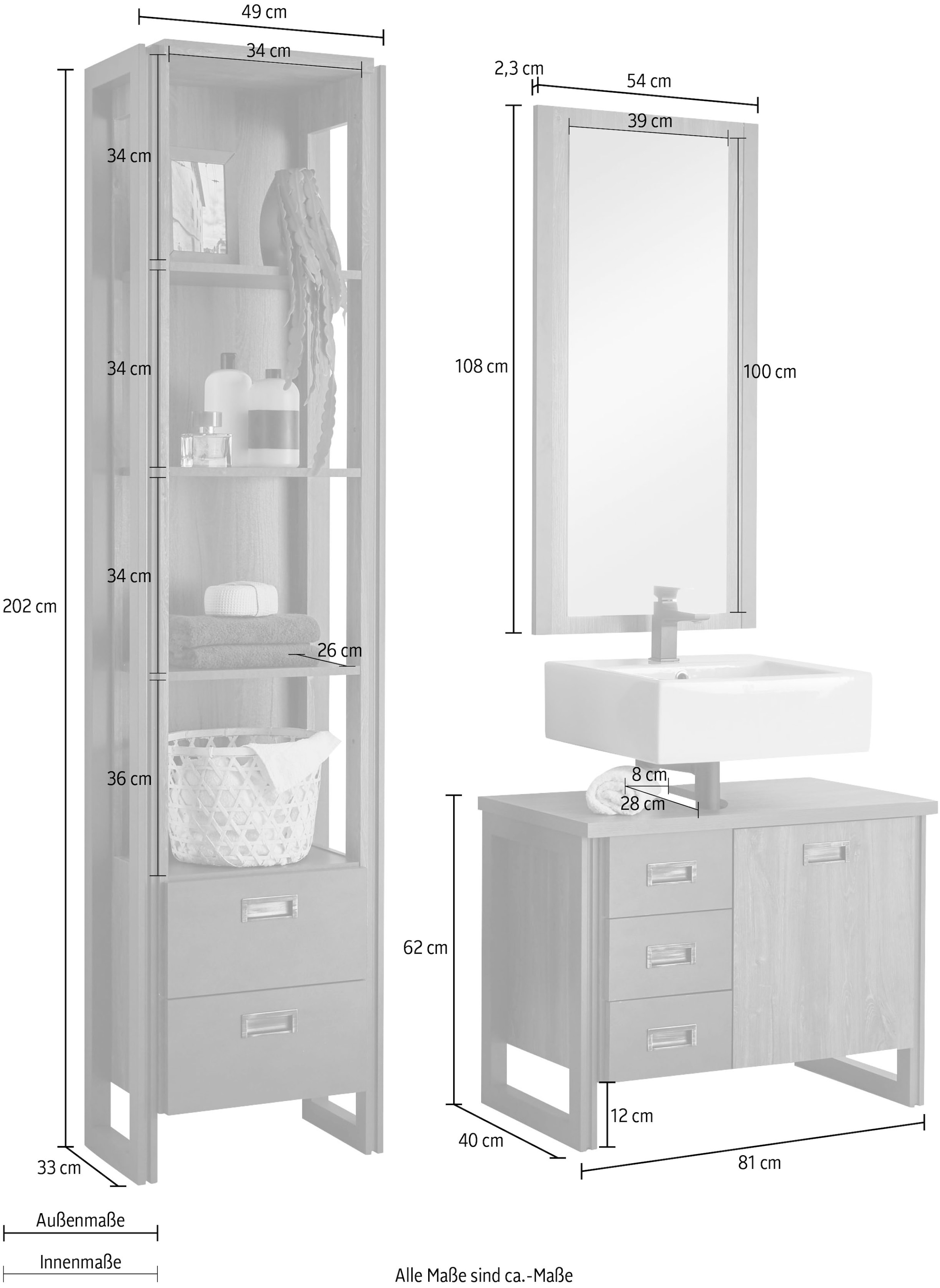 Home affaire Badmöbel-Set »Detroit, Bad im Industrialdesign, 3-teiliges Badezimmer«, (Set, 3 St.), Unterschrank, Regal & Spiegel, holzfarben, offene Fächer & Stauraum
