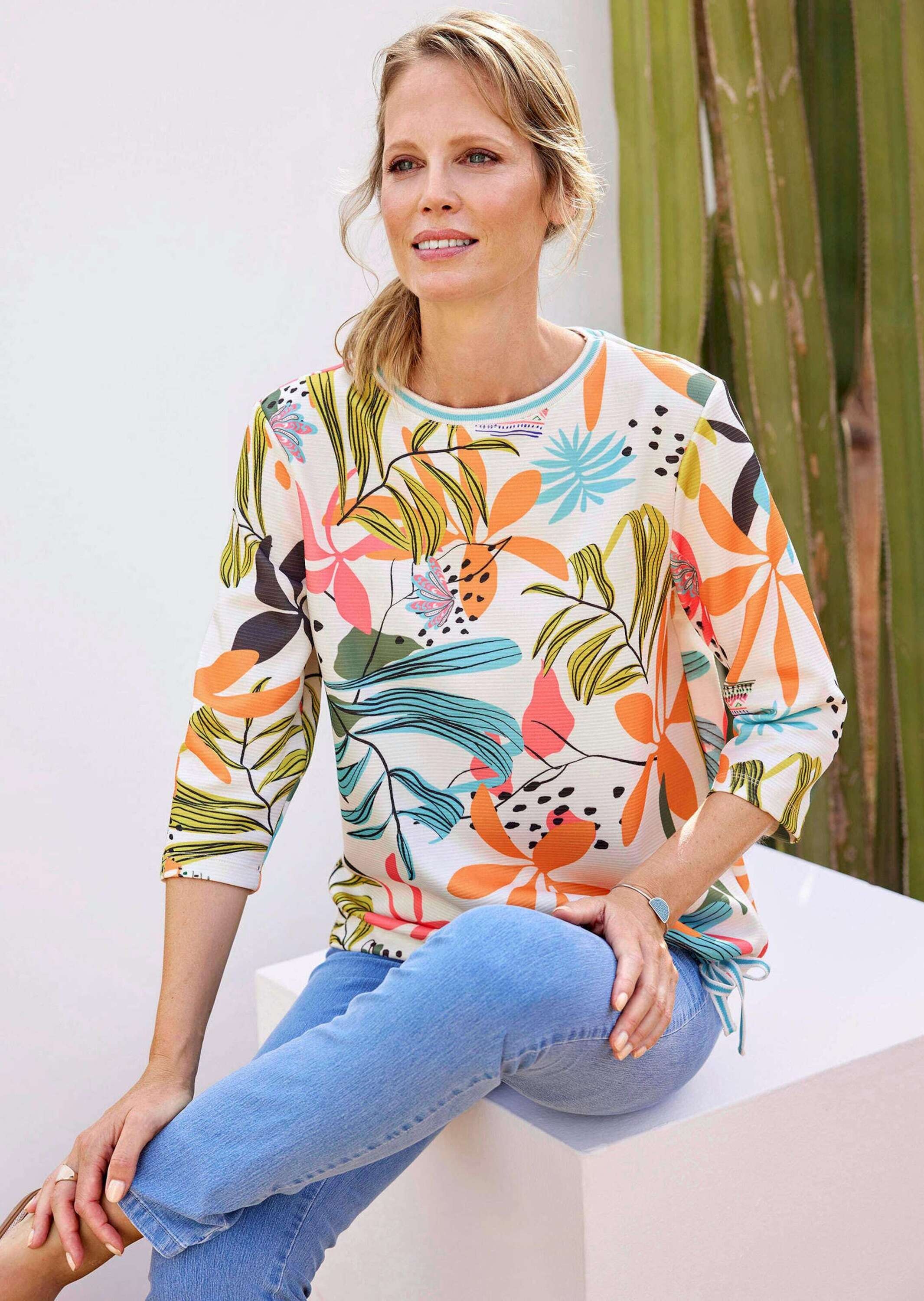 GOLDNER Print-Shirt »Kurzgröße Sweatshirt mit U-Boot-Ausschnitt« Bänder