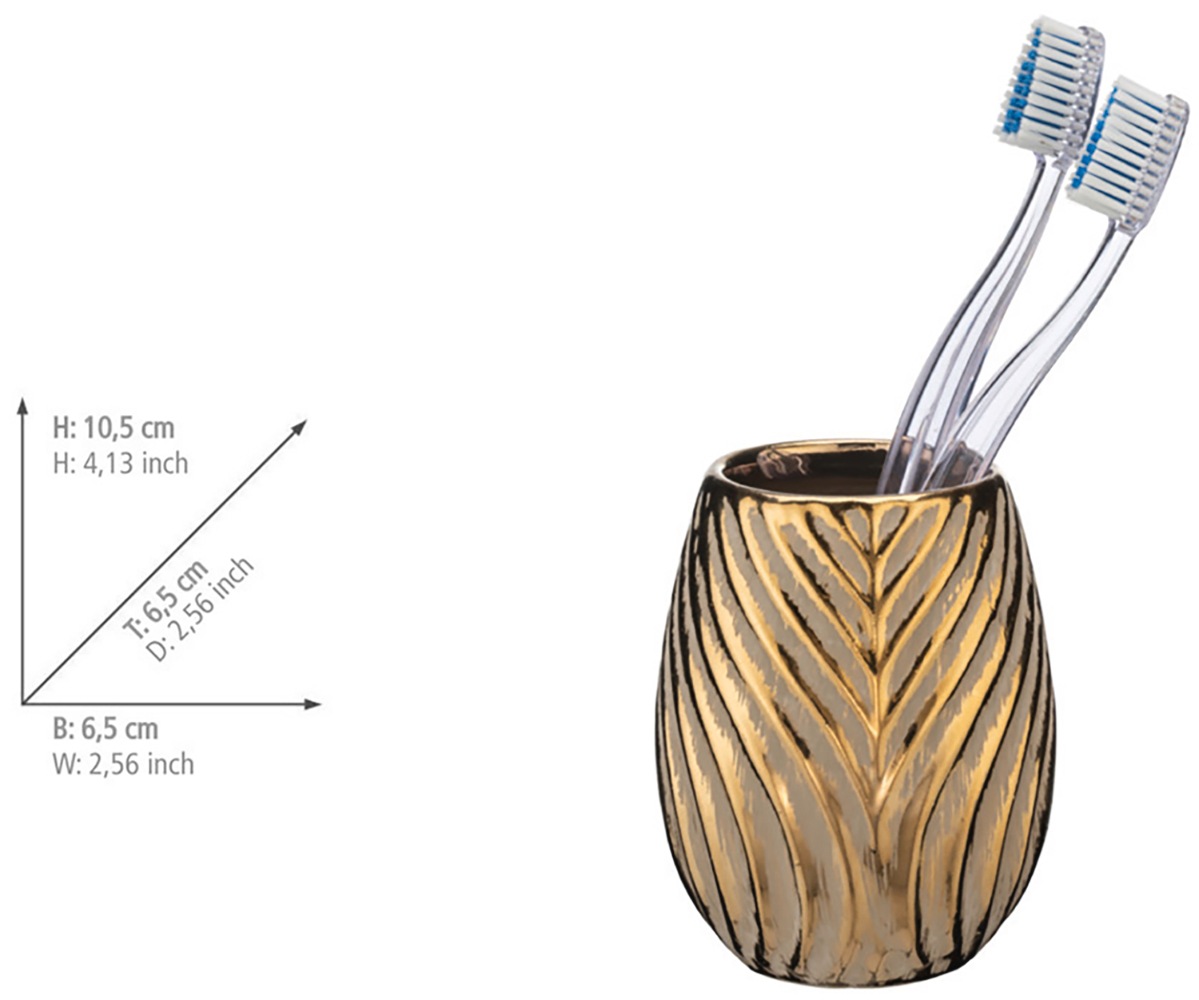 WENKO Badaccessoire-Set »Modell Idro Gold«, (2 tlg.), Seifenspender und Zahnputzbecher, Keramik, Linien-Struktur