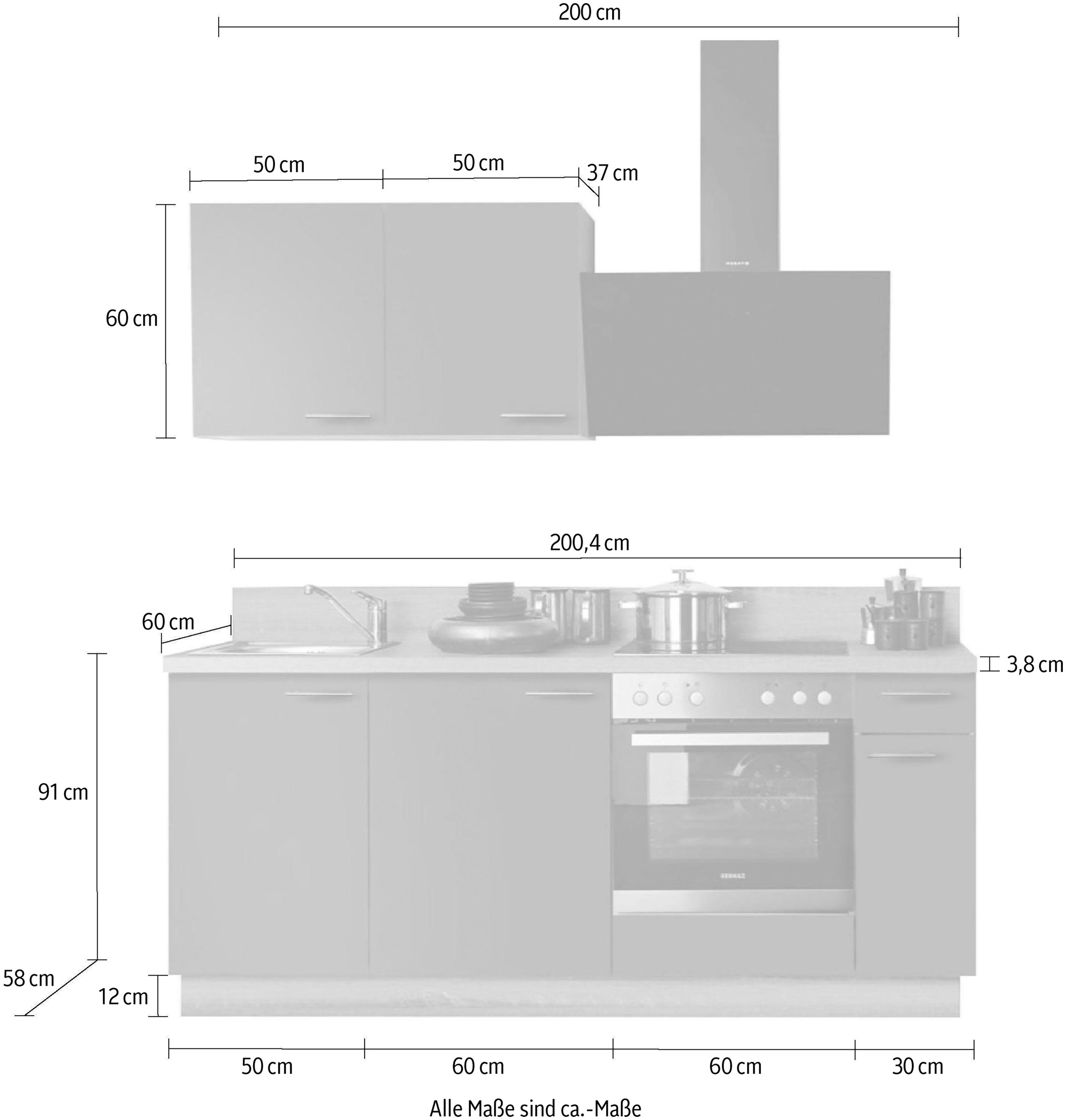 KOCHSTATION Küchenzeile »KS-Scafa, vormontiert, mit höhenverstellbaren Füßen« vormontiert, wahlweise mit E-Geräten, mit Soft-Close, Breite 200 cm