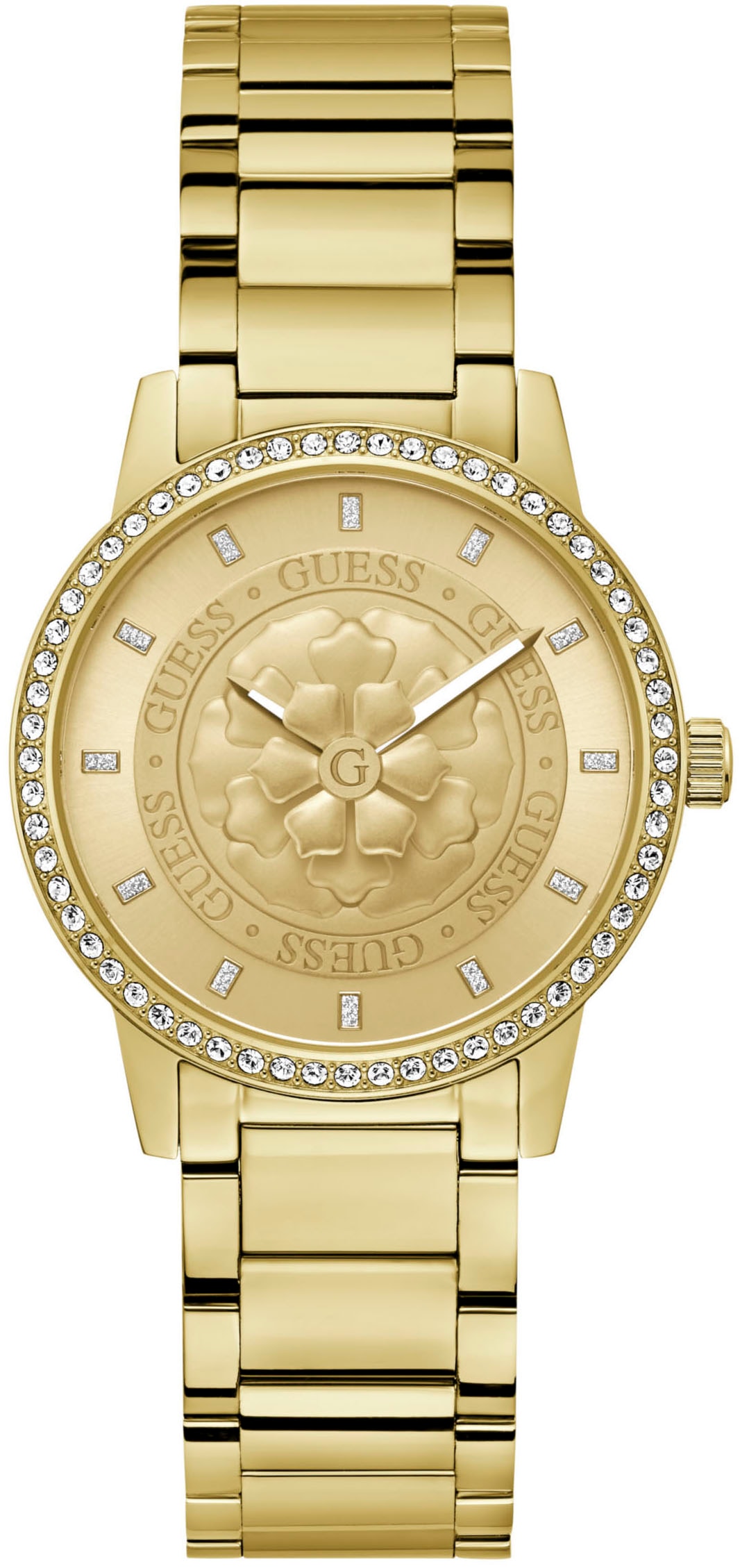 Guess Quarzuhr »PETAL«, Armbanduhr, Damenuhr, Kristallsteine, Mineralglas, Edelstahlarmband