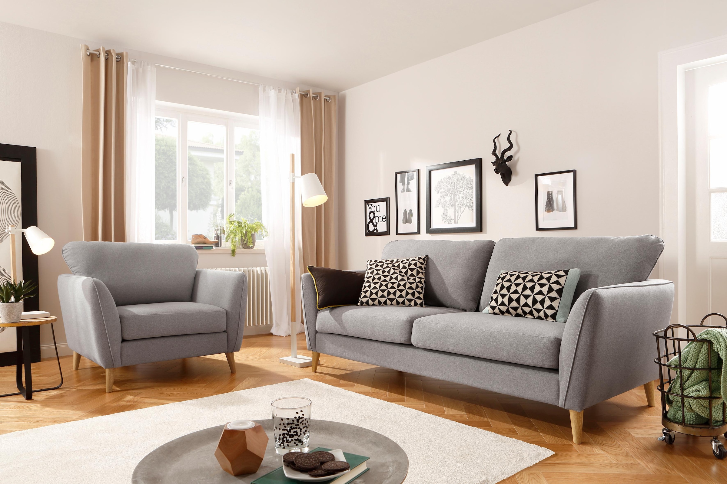Home affaire 3-Sitzer »MARSEILLE 3er Sofa 206 cm, Cord, Flachgewebe, Struktur, Webstoff«, Massivholzbeine Eiche, Landhausstil, Wellenunterfederung
