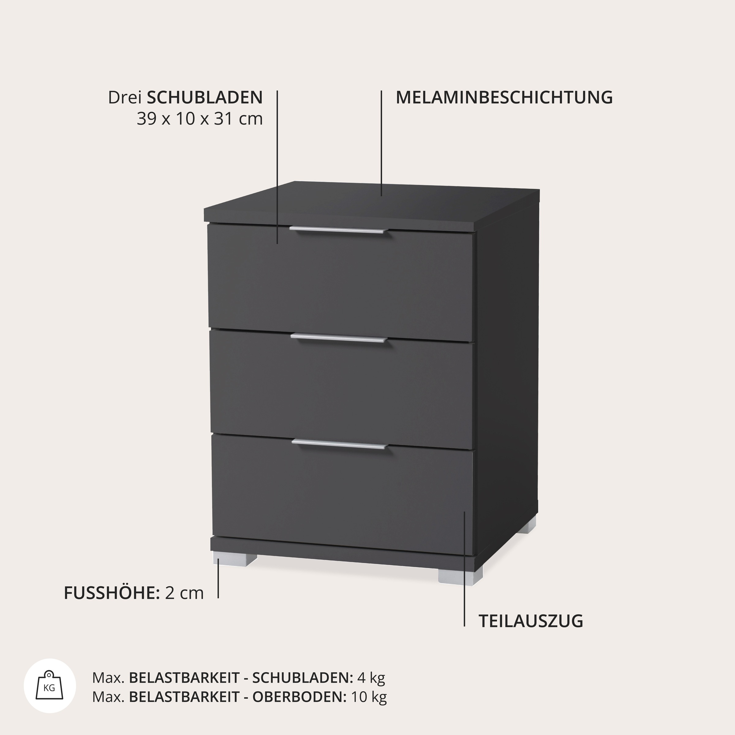 Schlafkontor Nachtkommode »Smilla Nachttisch, Nachtkonsole mit Schubkästen« Korpus melaminbeschichtet, silberfarbige oder schwarze Griffe